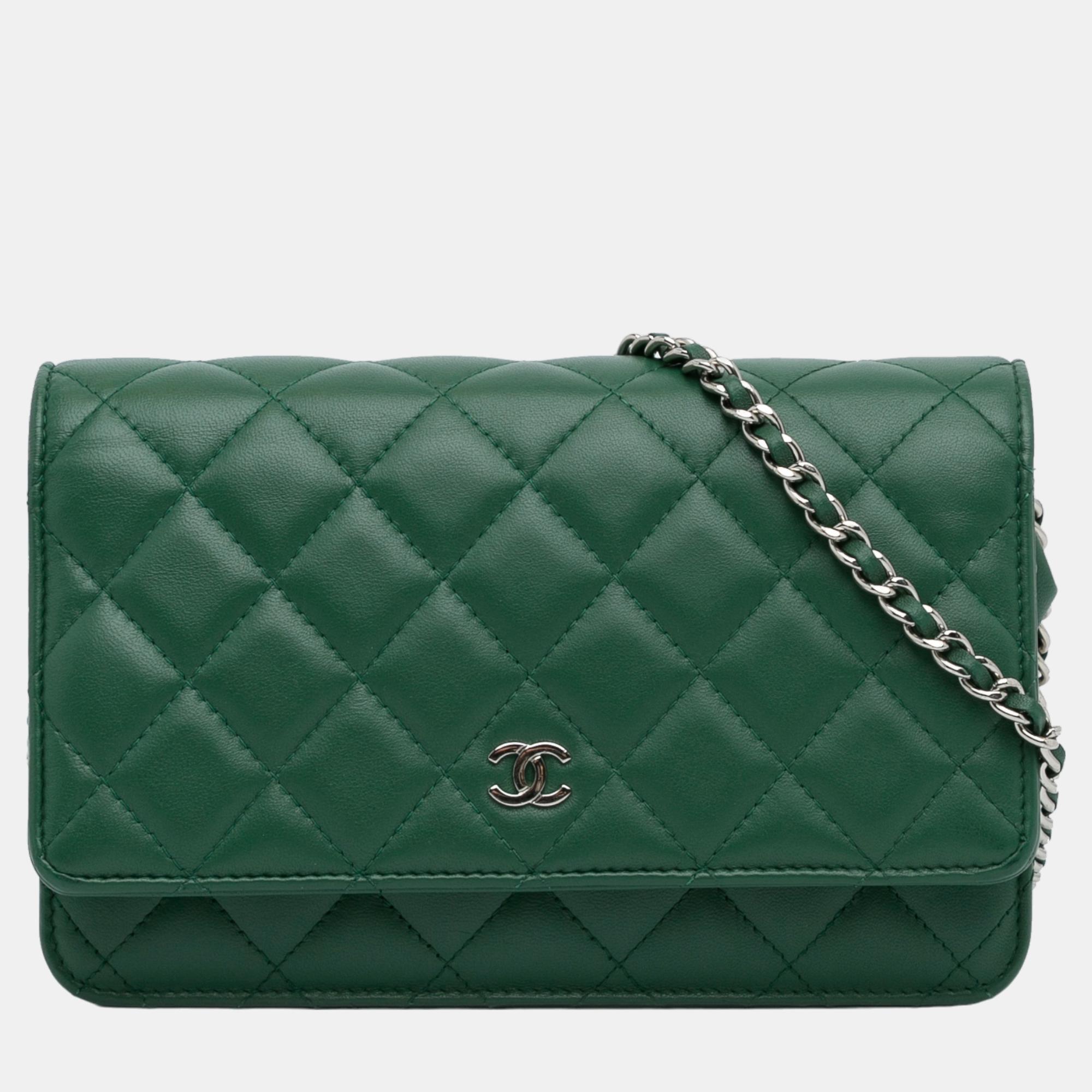 Chanel Green Lambskin CC Wallet On Chain