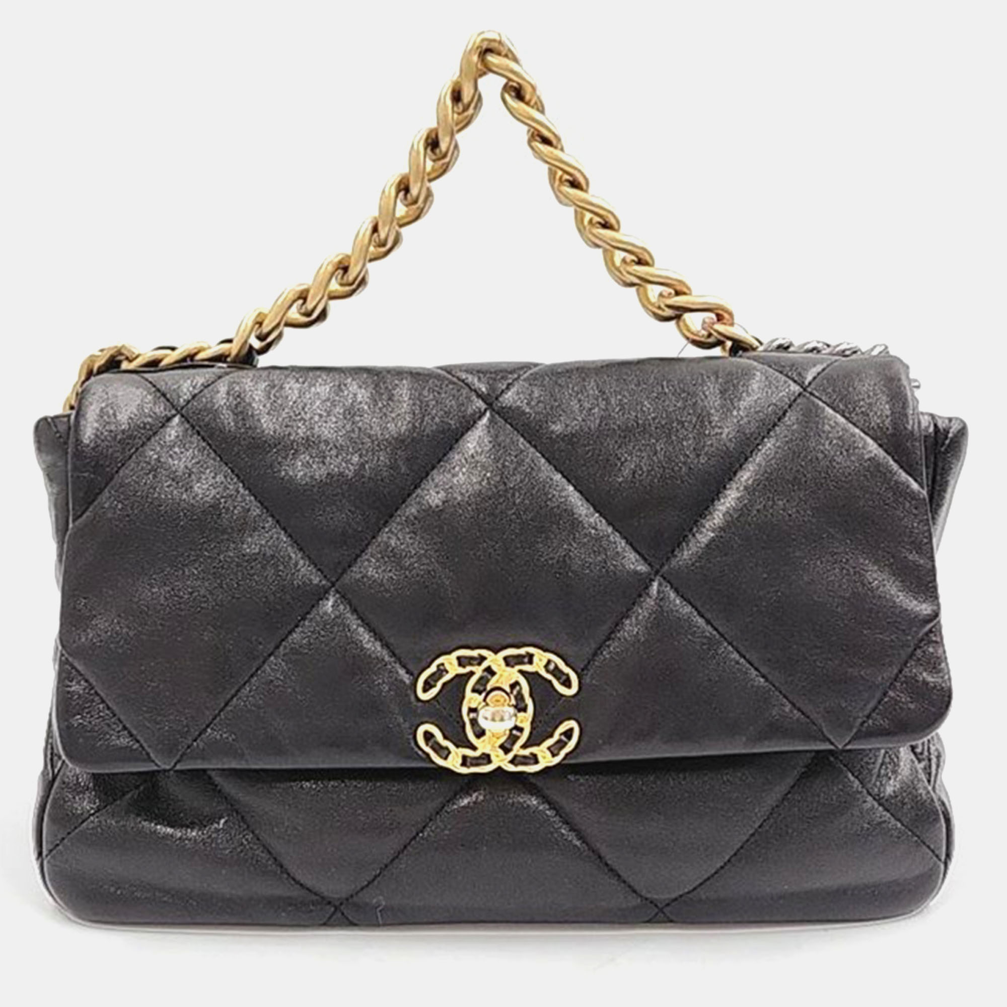 Chanel black leather 19 large flap bag