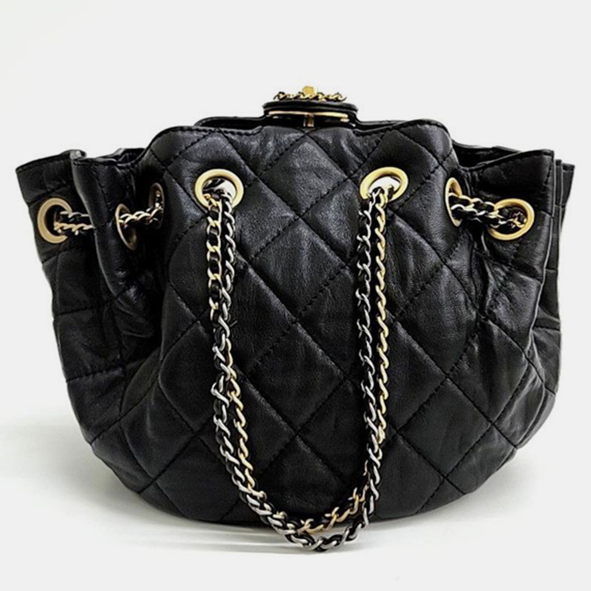 Chanel black leather bucket tote bag