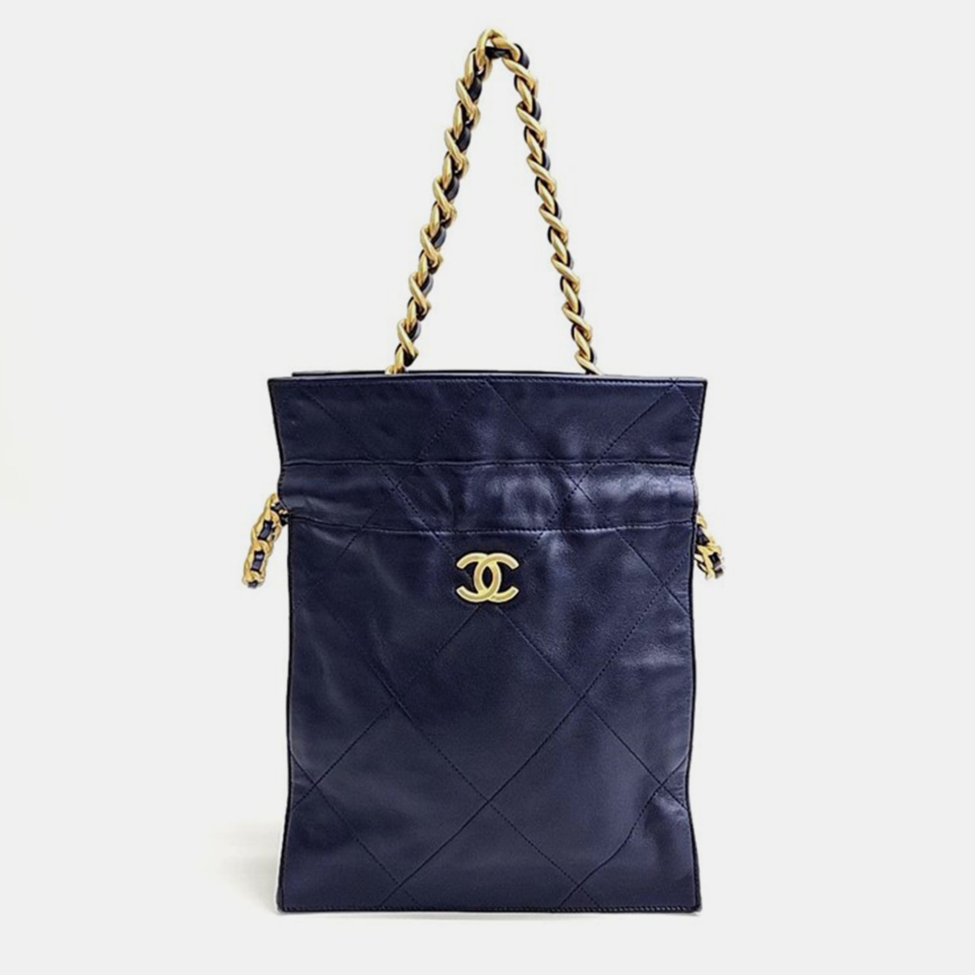 Chanel navy blue leather drawstring chain bucket bag
