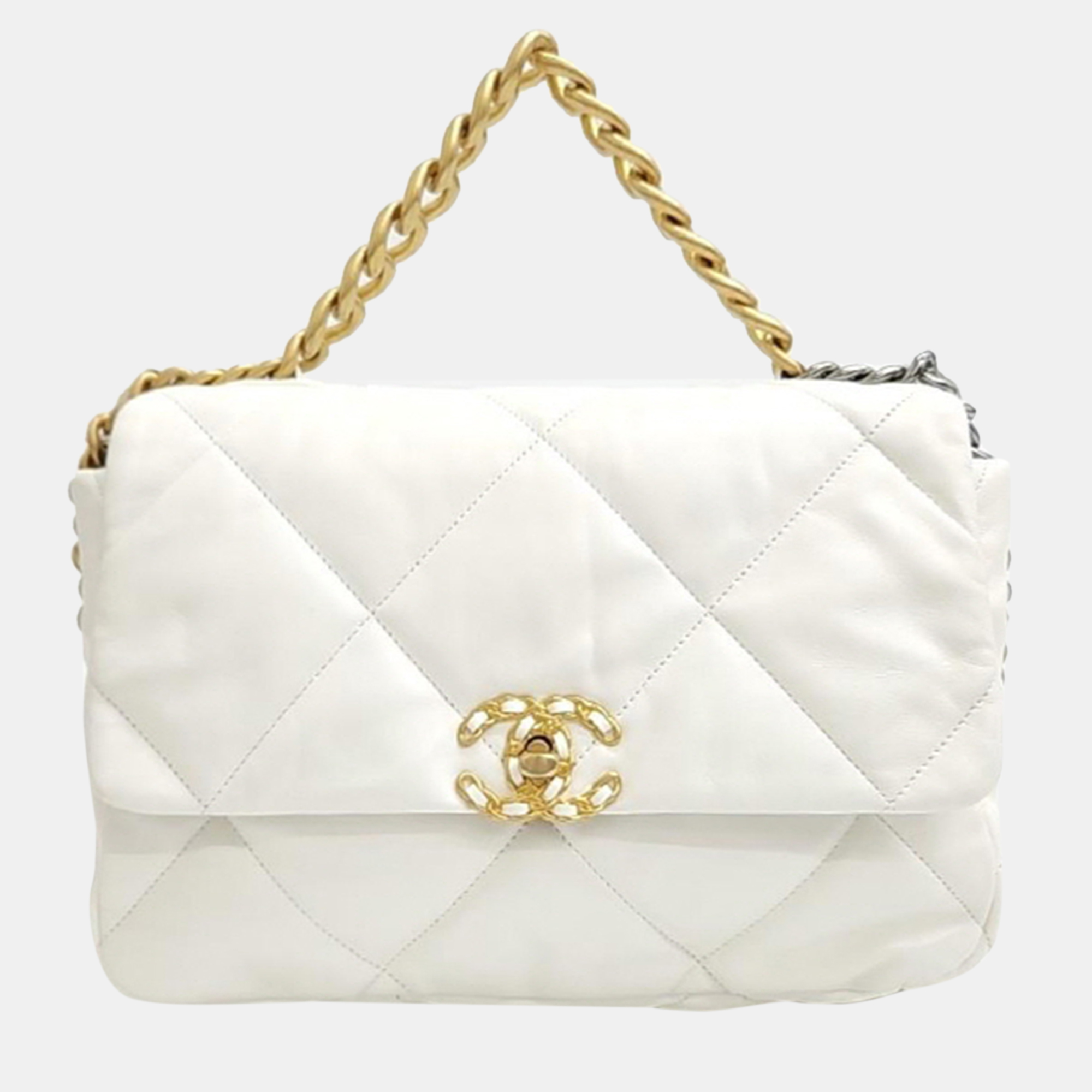 Chanel white leather 19 large flap bag