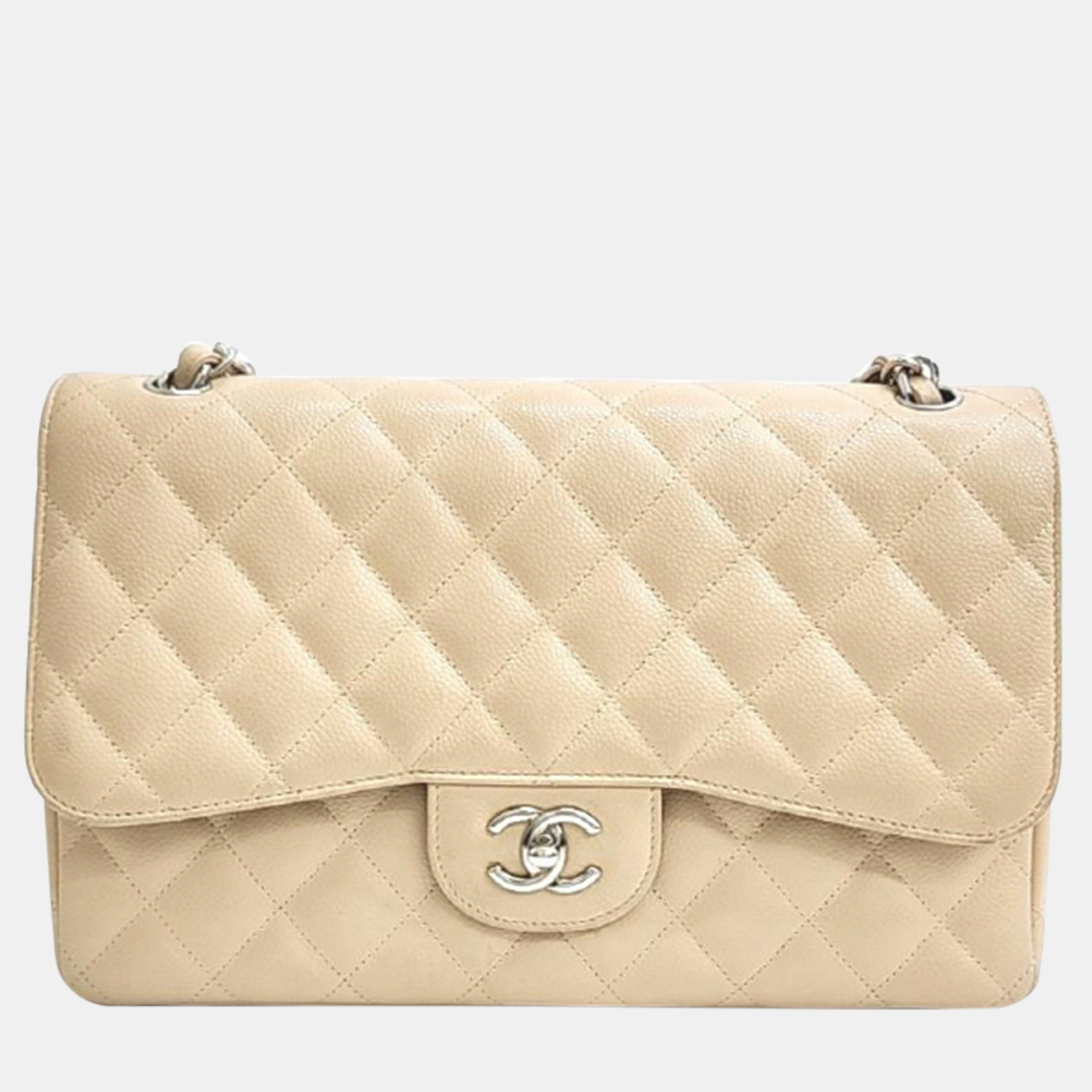 Chanel beige caviar leather classic jumbo bag