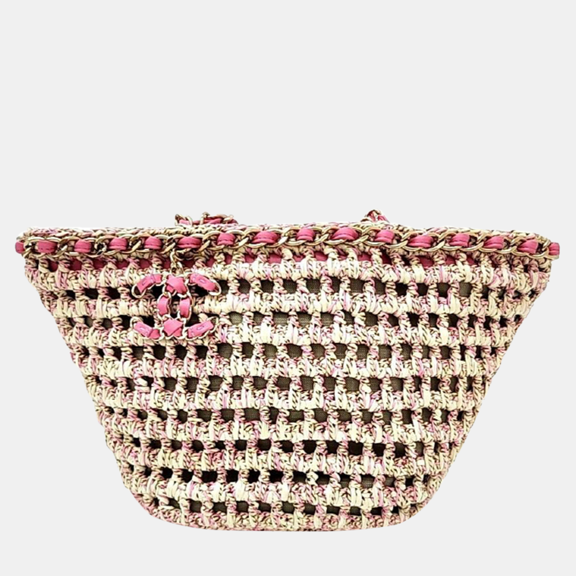 Chanel beige/pink raffia crochet mixed fibers shopping tote bag