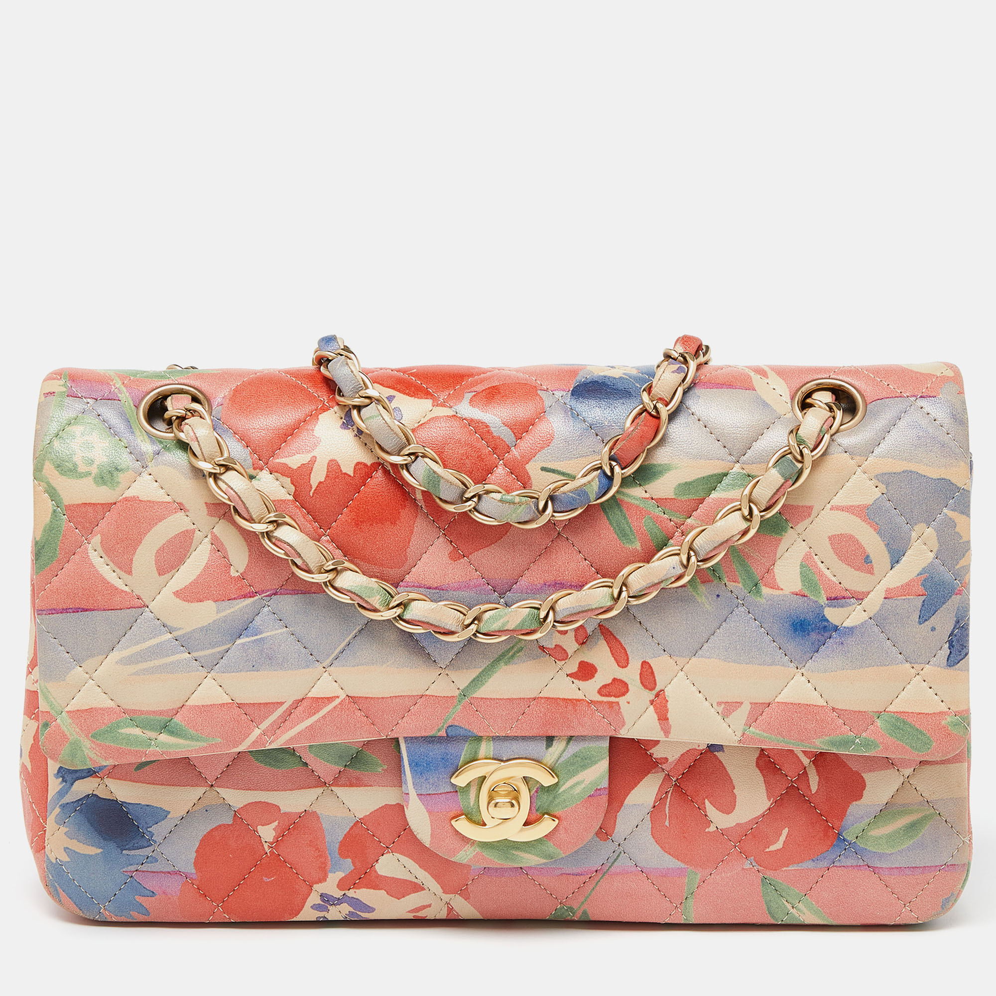 Chanel Multicolor Quilted Floral Print Leather Medium Classic Double Flap Bag
