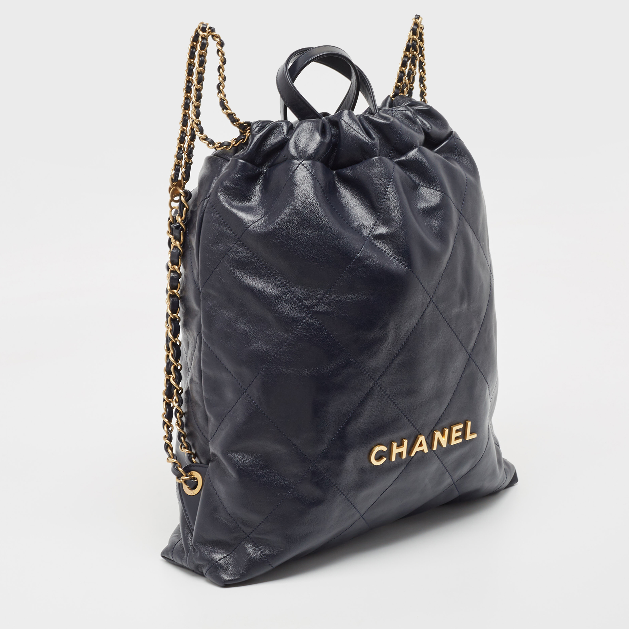 Chanel Navy Blue Shiny Quilted Leather 22 Backpack