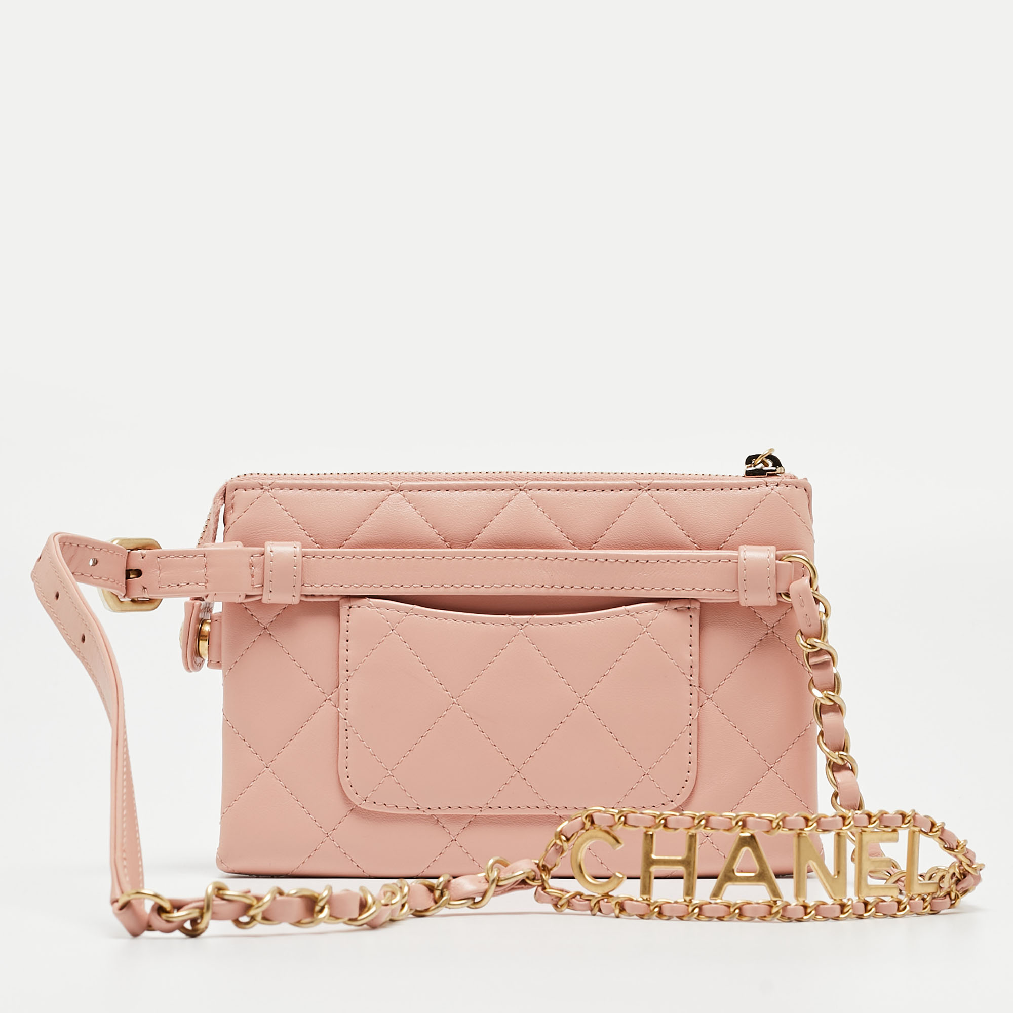 Chanel Light Pink Quilted Leather Logo Strap Belt Bag