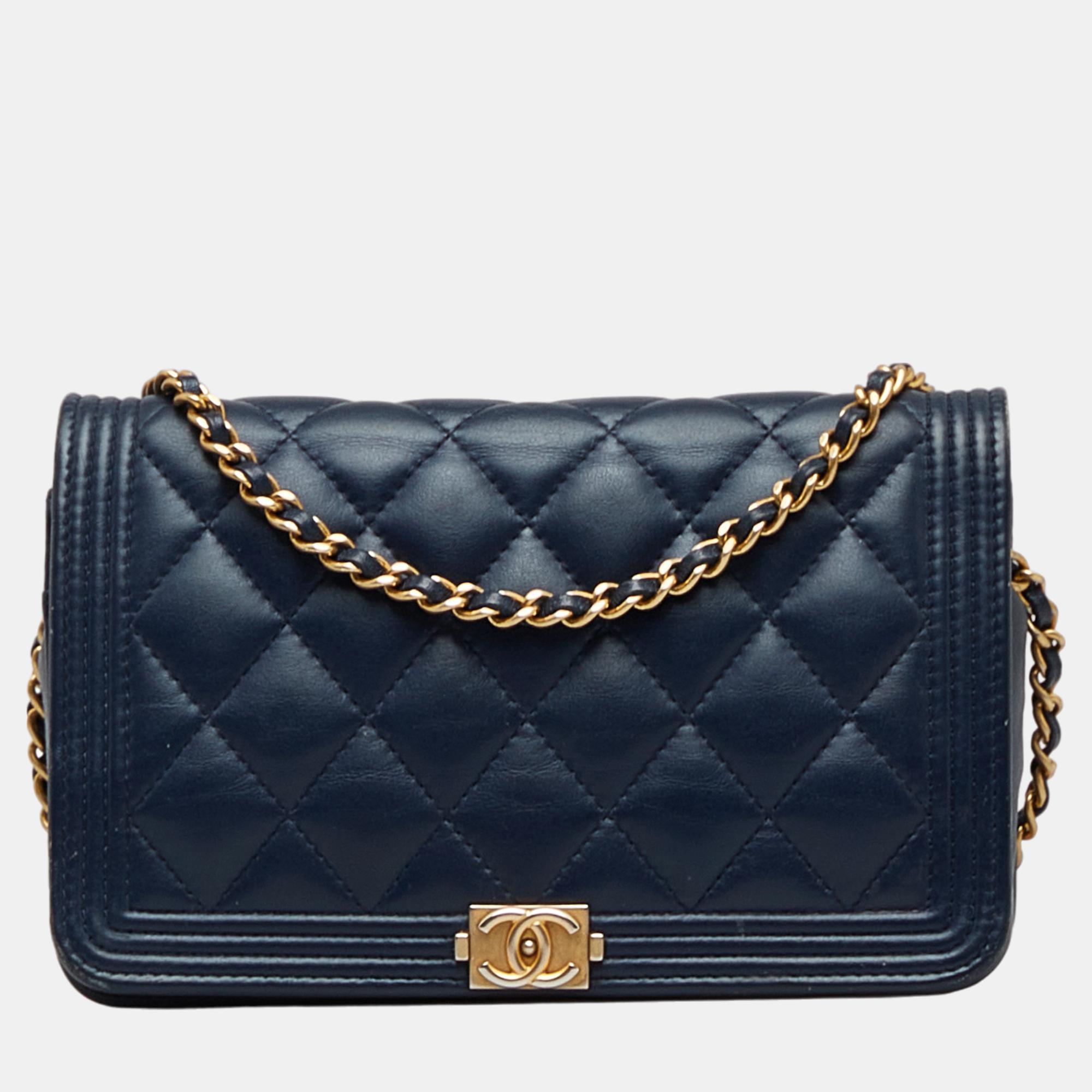 Chanel Navy Blue Boy Wallet On Chain