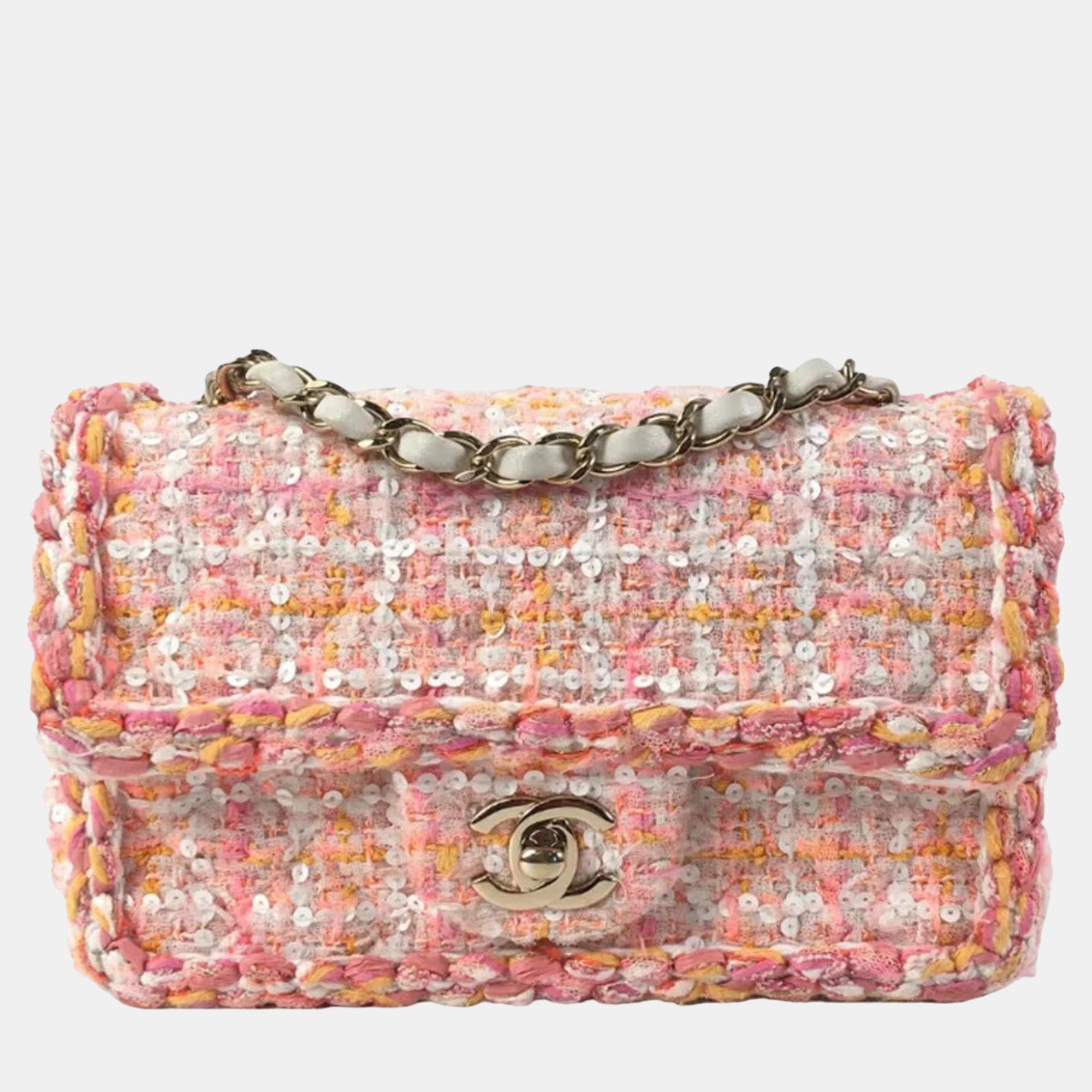 Chanel pink mini classic rectangular tweed flap bag