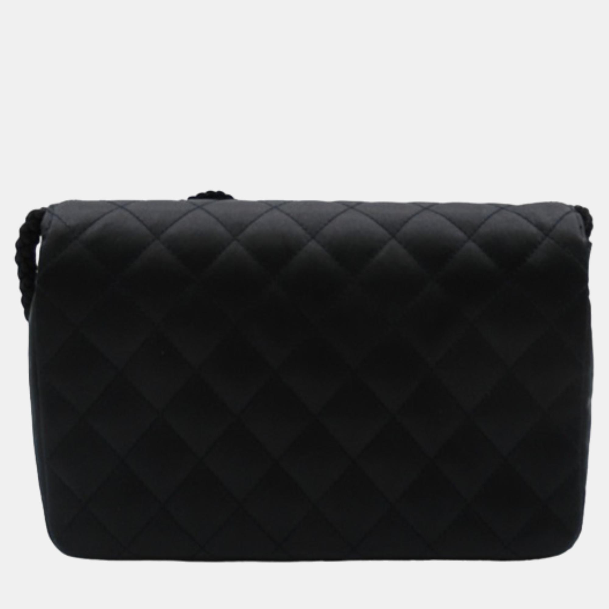 Chanel Black Canvas Quilted Satin Camellia Flap Bag