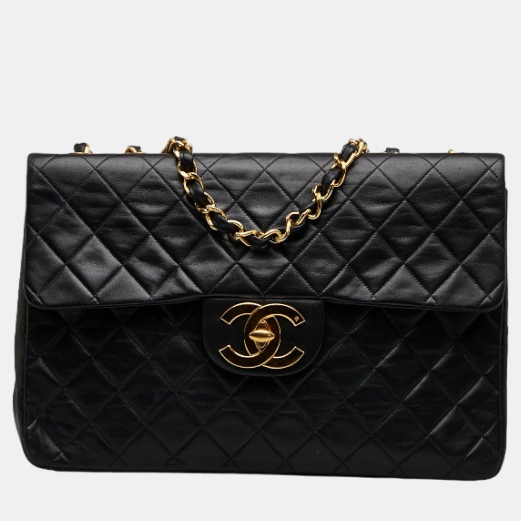 Chanel black leather maxi classic single flap bag