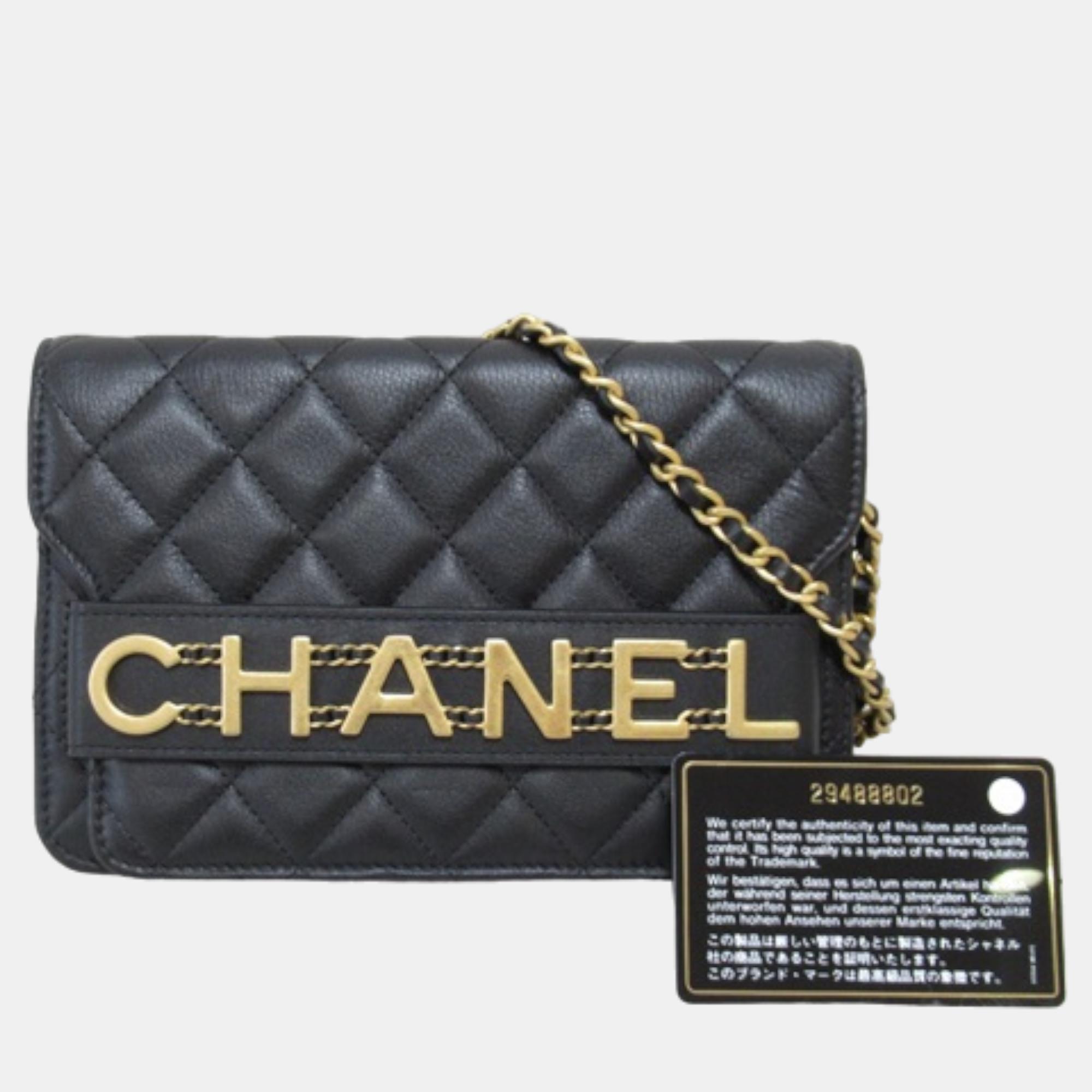 Chanel Black Leather Logo Enchained Flap Bag