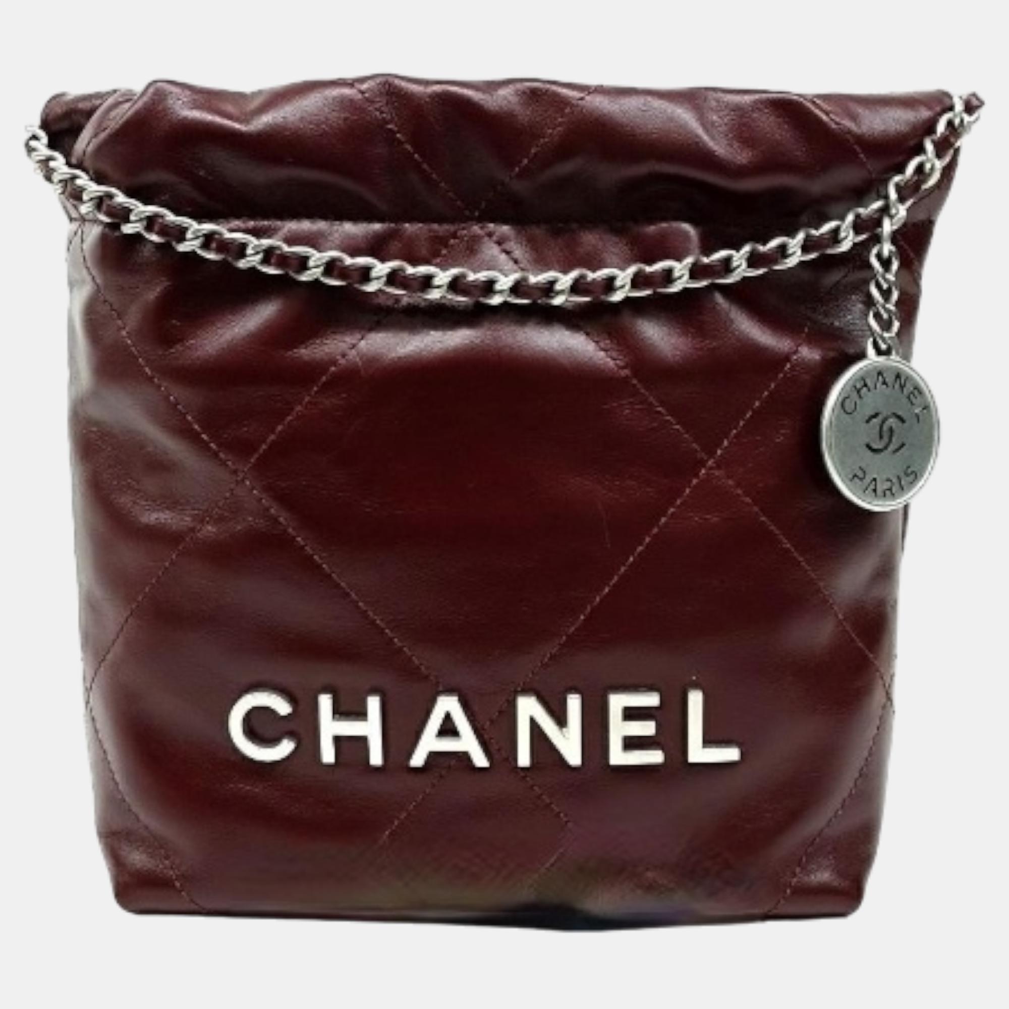 Chanel burgundy leather mini 22 hobo bag