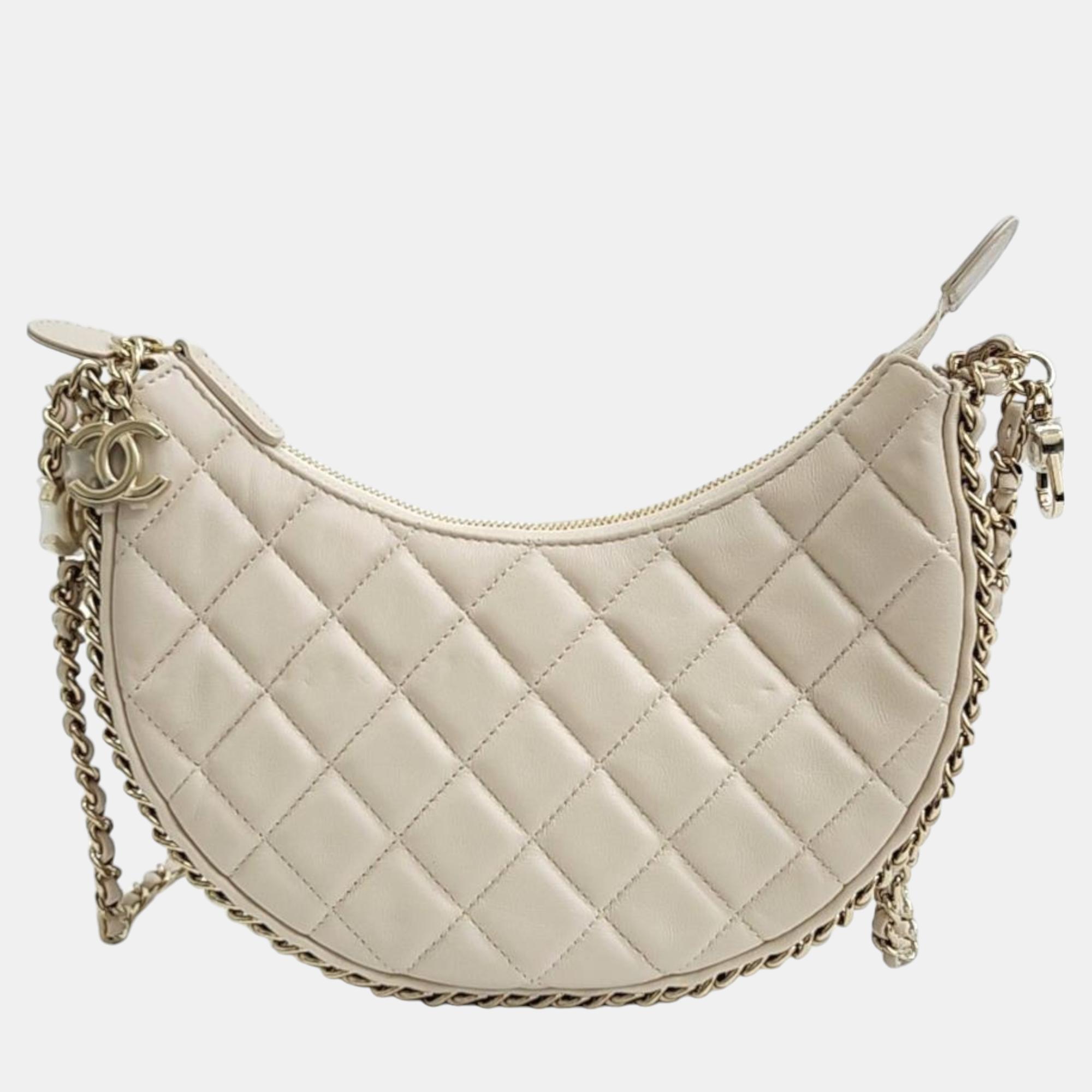 Chanel beige leather small hobo bag