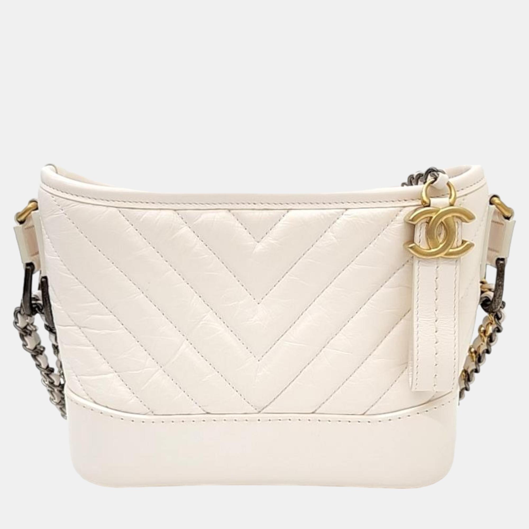 Chanel white leather chevron gabrielle small hobo bag
