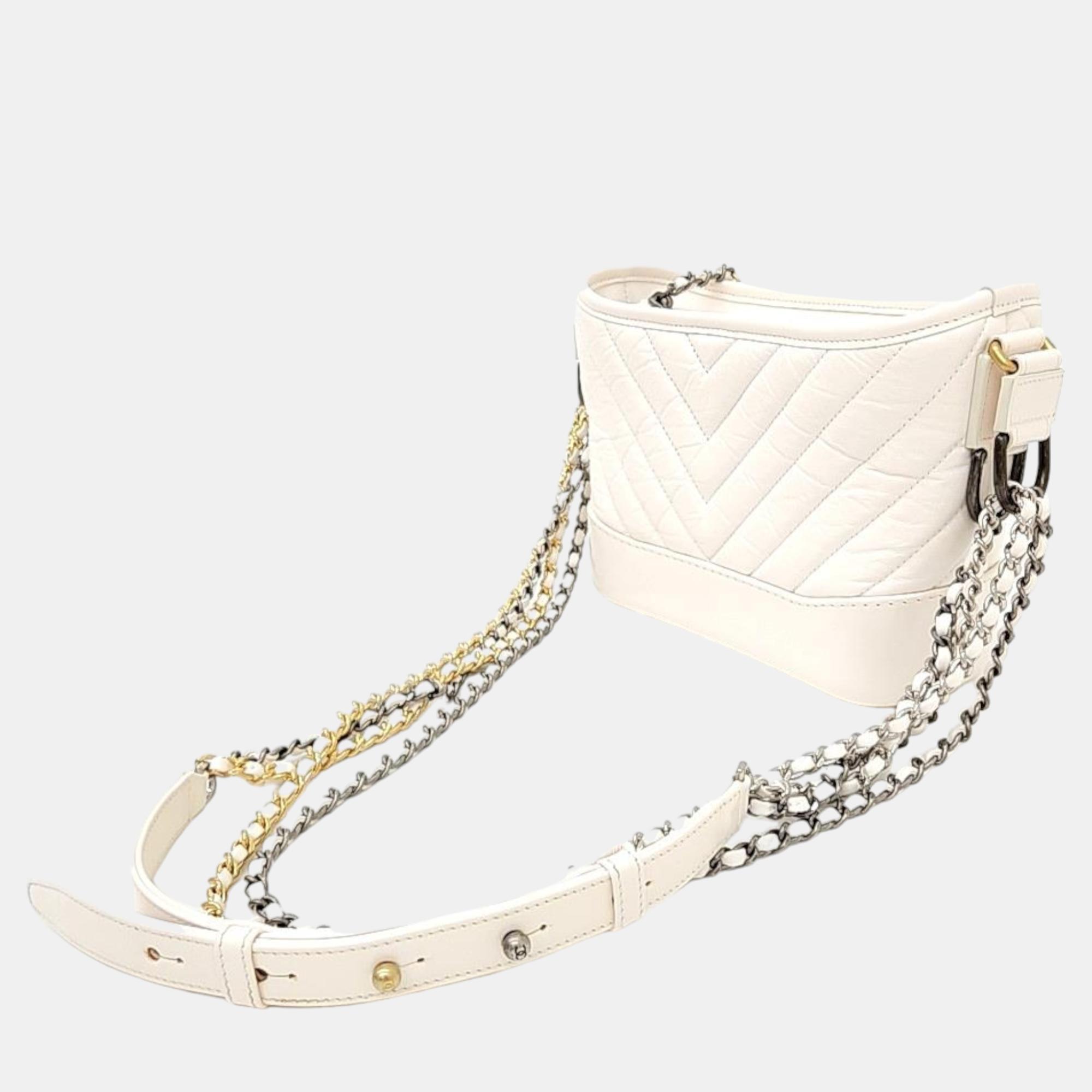 Chanel White Leather Chevron Gabrielle Small Hobo Bag