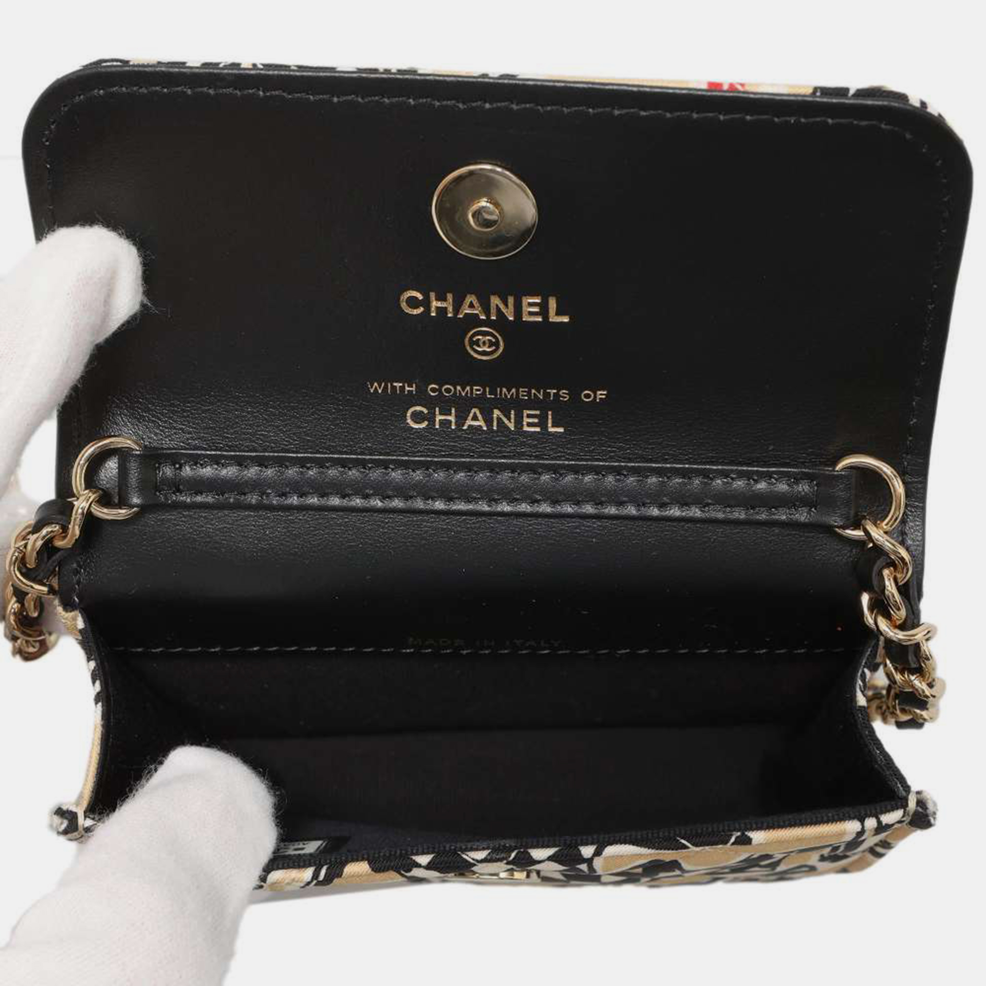 Chanel Beige Fabric Printed Classic Wallet On Chain