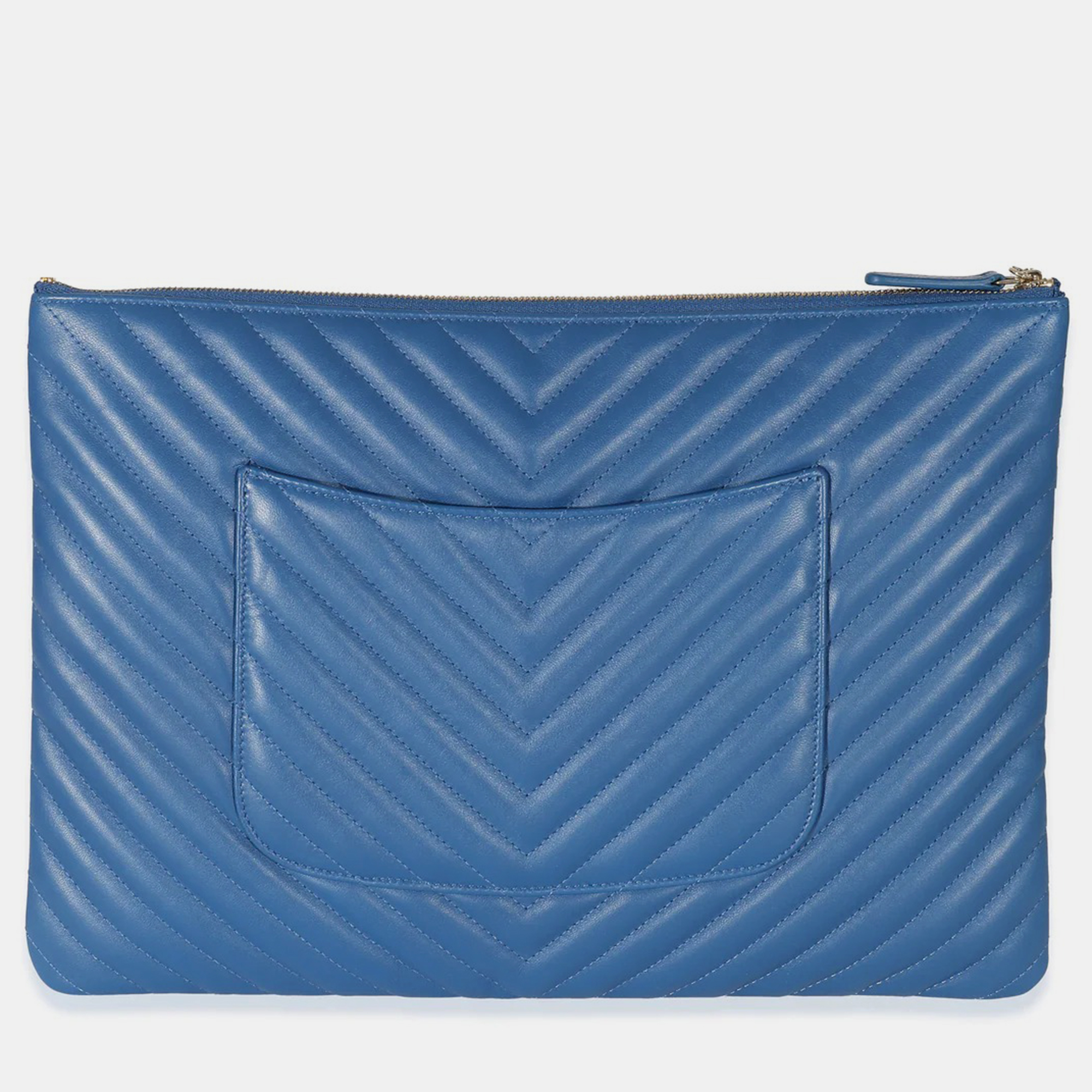 Chanel Blue Leather Medium Chevron O-Case Clutch Bag