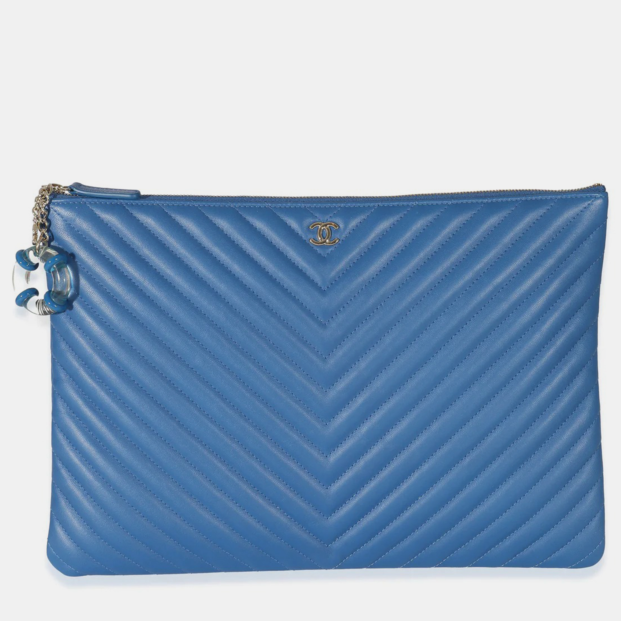 Chanel Blue Leather Medium Chevron O-Case Clutch Bag