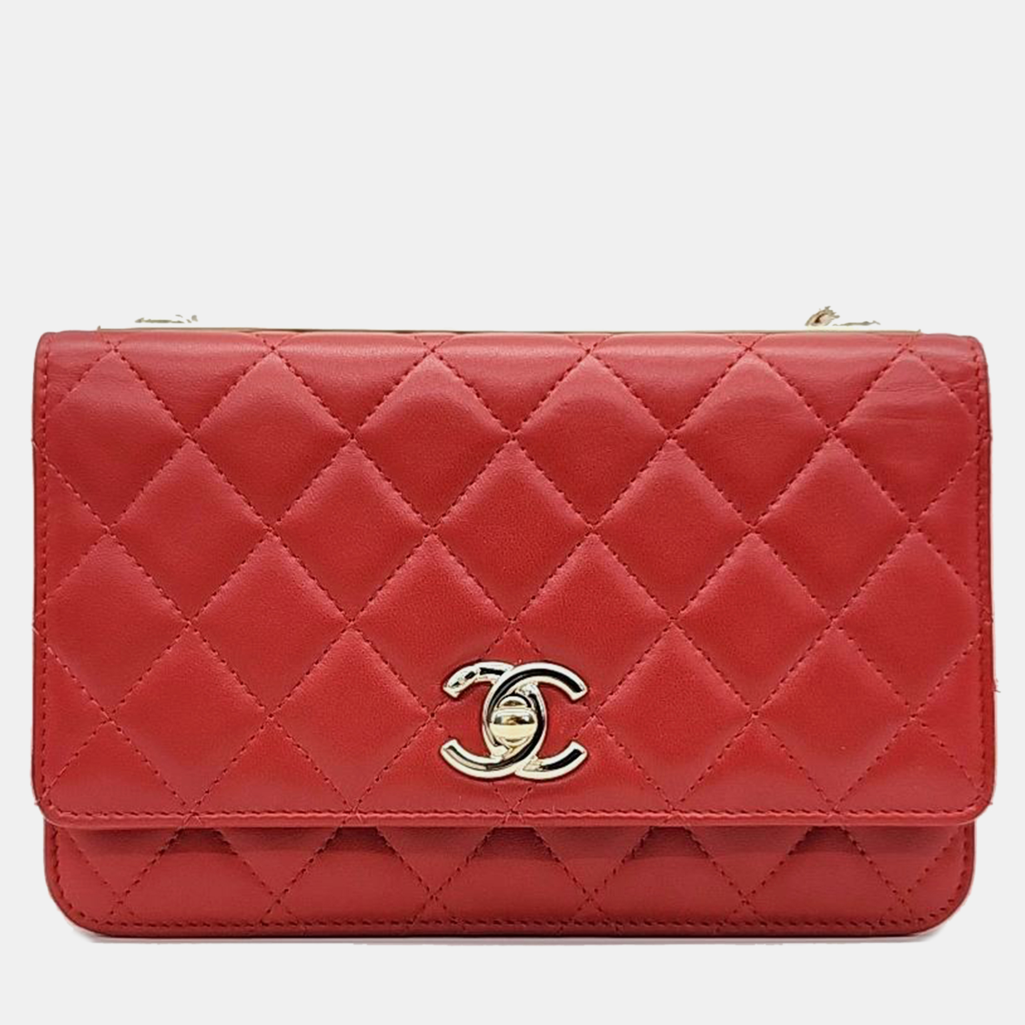 Chanel red lambskin leather classic wallet on chain