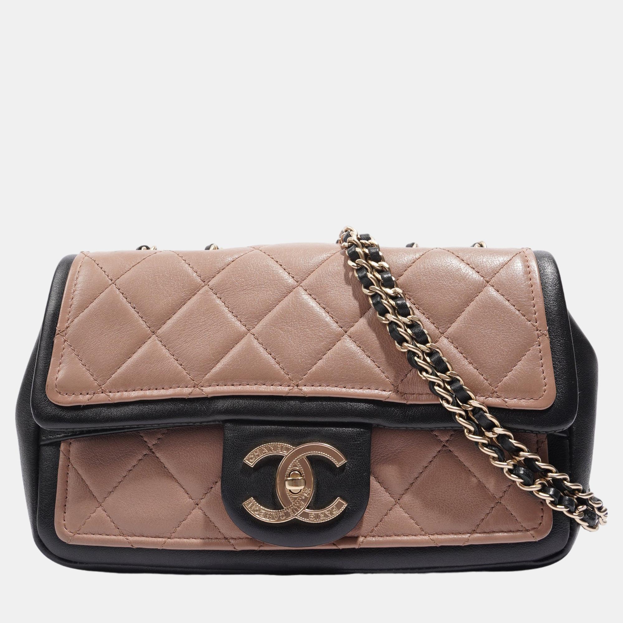 Chanel Womens Lambskin Quilted Two Tone Bag Nude / Black Small