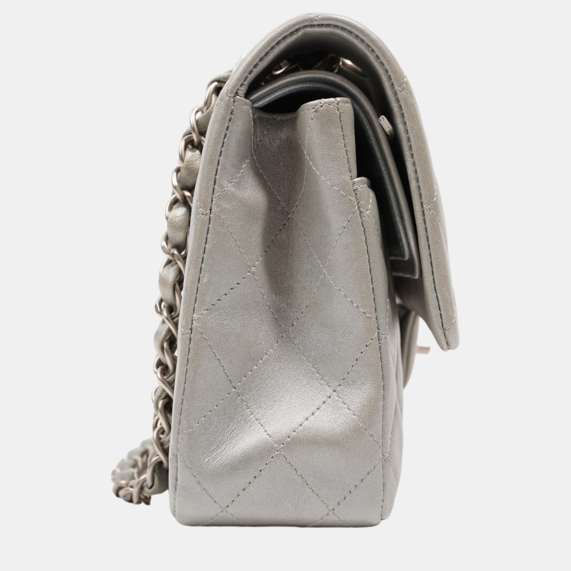 Chanel Womens Quilted Lambskin Leather Classic Double Flap Medium, Silver
Chanel Womens Quilted Lambskin Leather Classic Double Flap Medium, Silver
