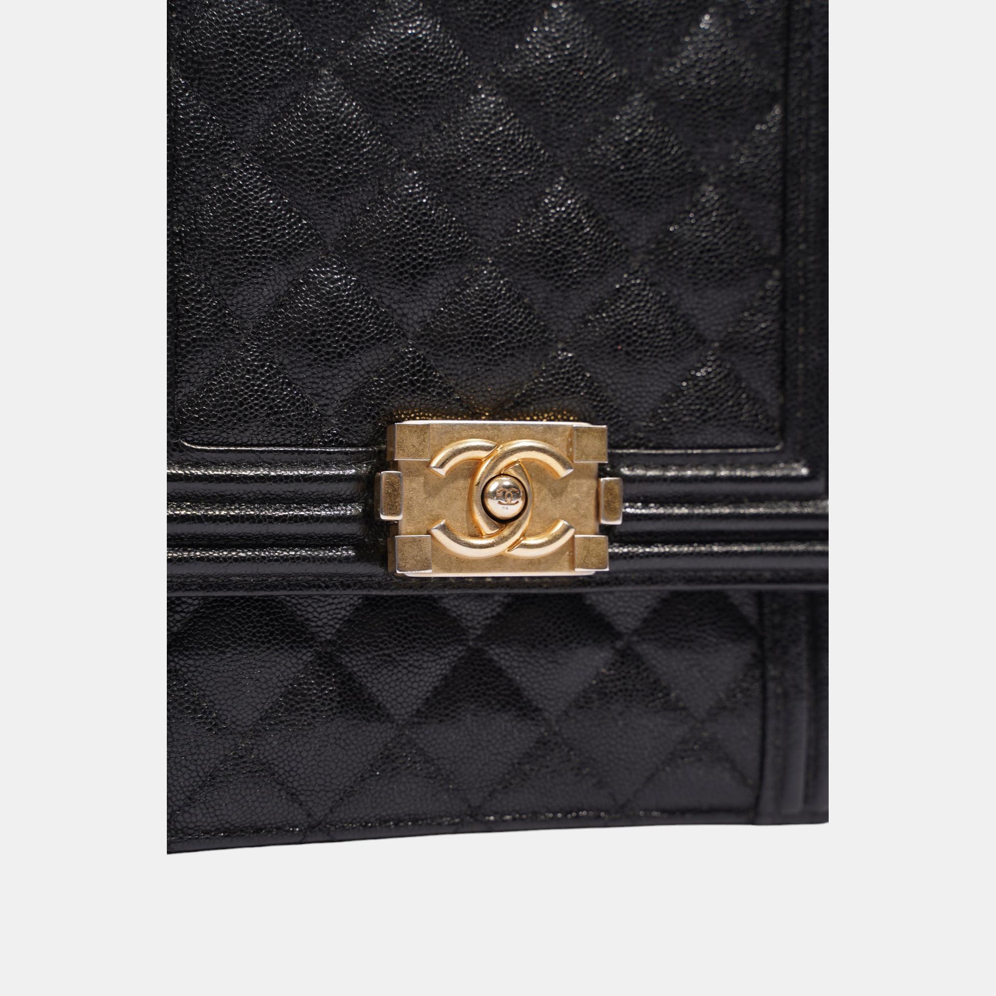 Chanel Womens North South Boy Bag Black Caviar Leather / Gold