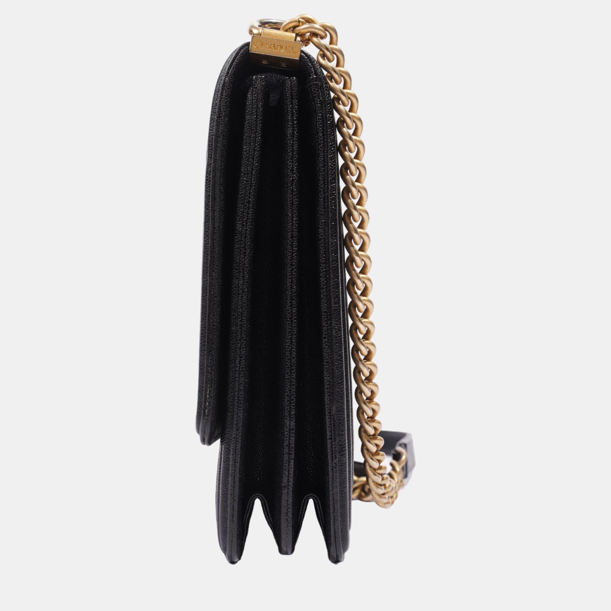 Chanel Womens North South Boy Bag Black Caviar Leather / Gold