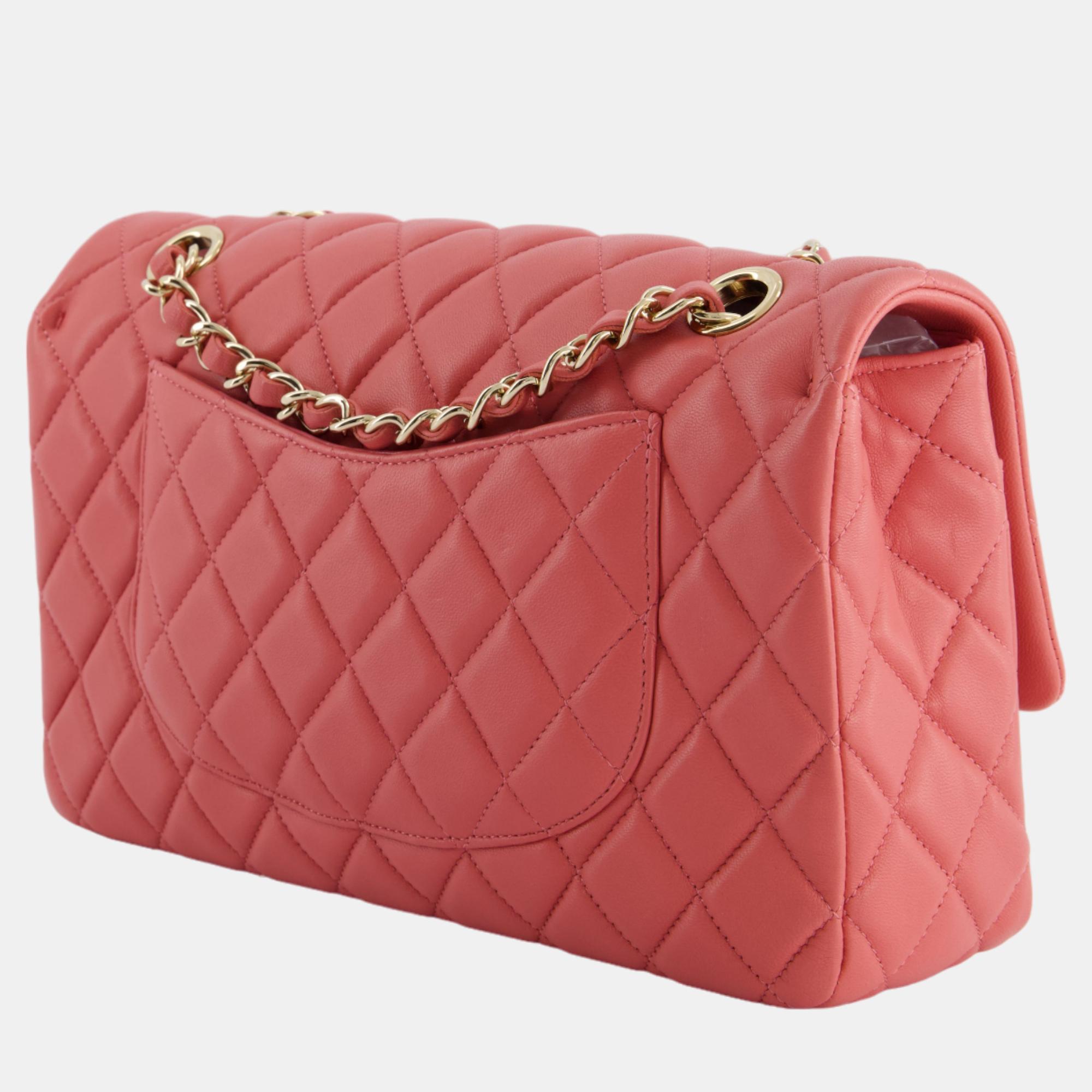 Chanel Pink Medium Single Flap Bag In Lambskin Leather With Champagne Gold Hardware
