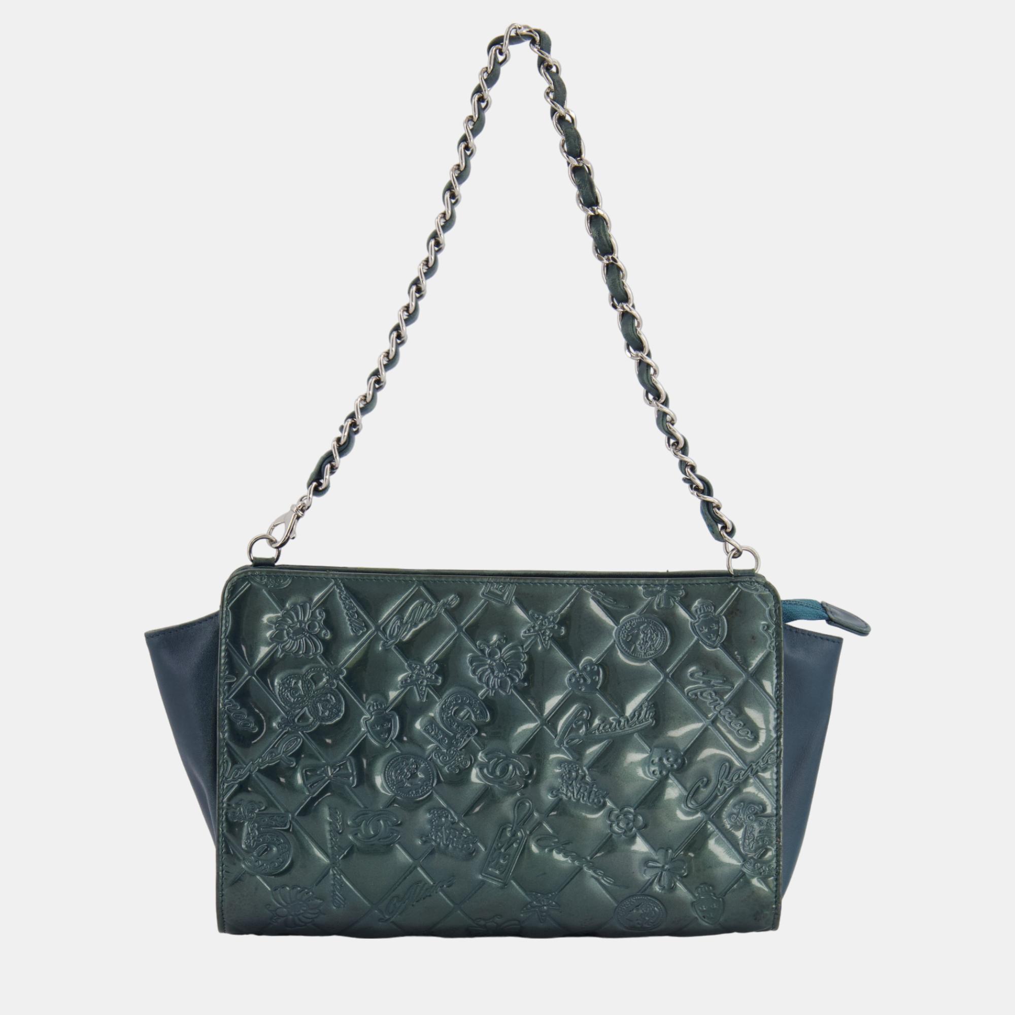 Chanel Teal Blue Metallic Patent Leather Small Mademoiselle Bag With Silver Hardware