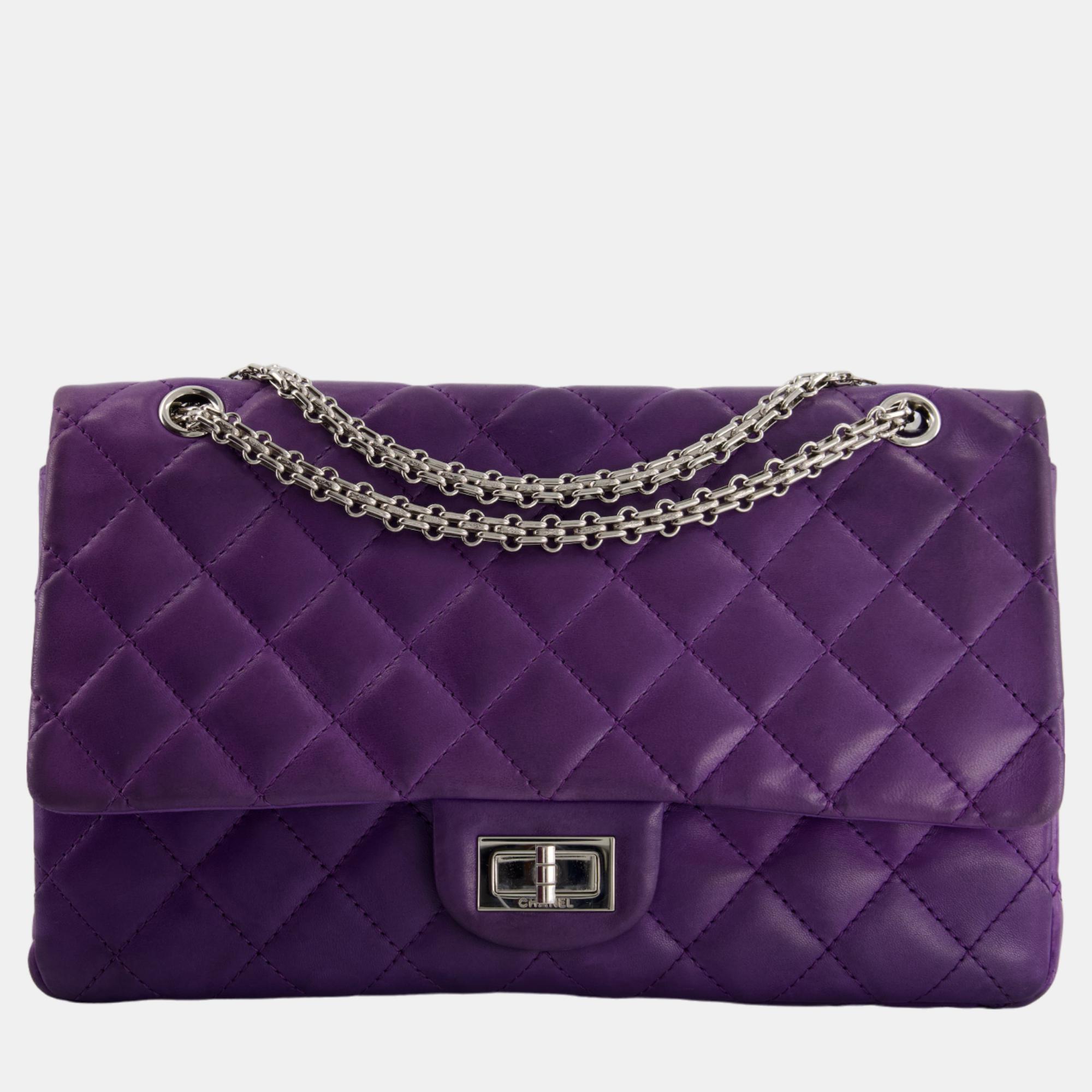 Chanel purple jumbo 2.55 reissue bag in lambskin leather with silver hardware