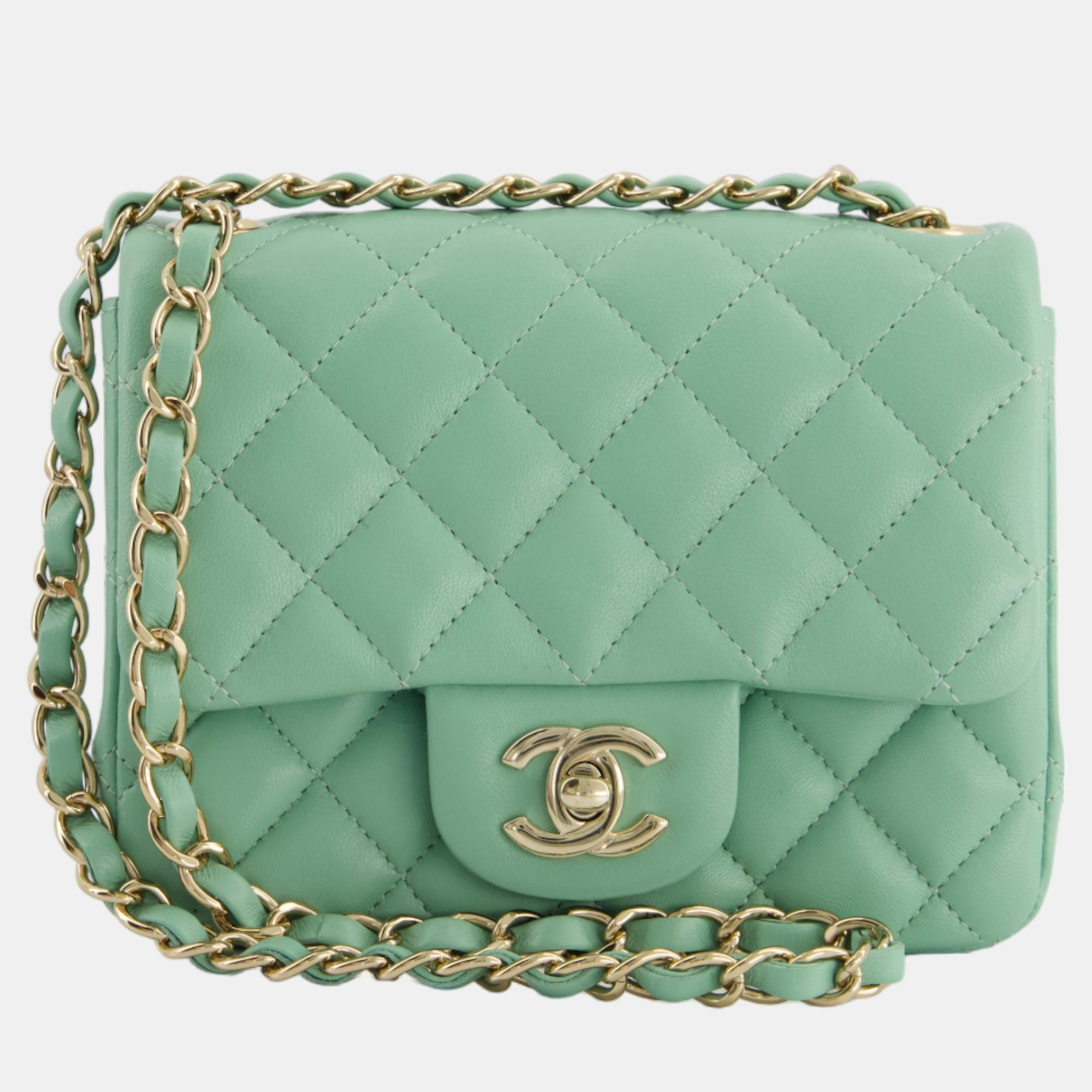 Chanel green tea mini square bag in lambskin leather with champagne gold hardware