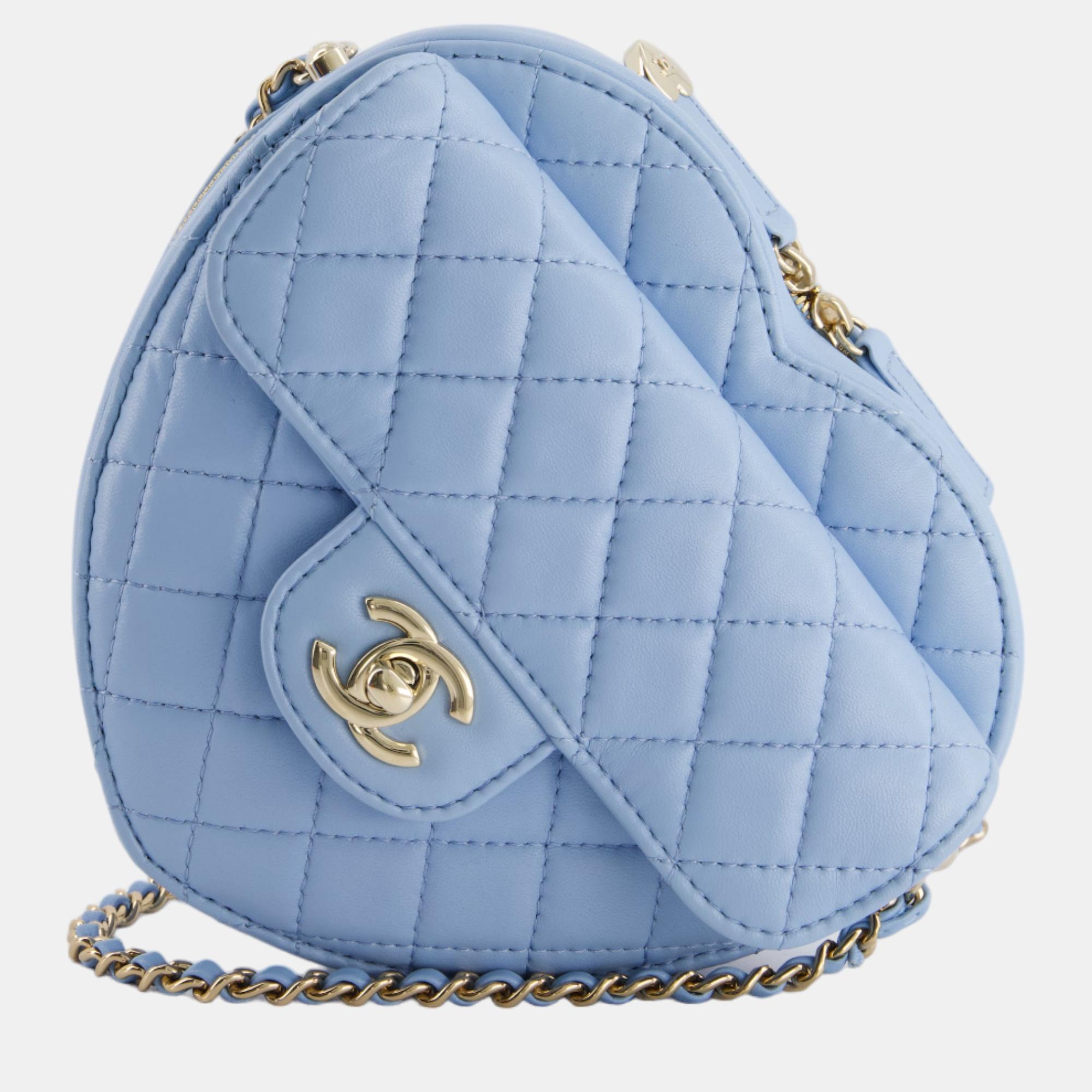 Chanel baby blue heart clutch with chain and champagne gold hardware