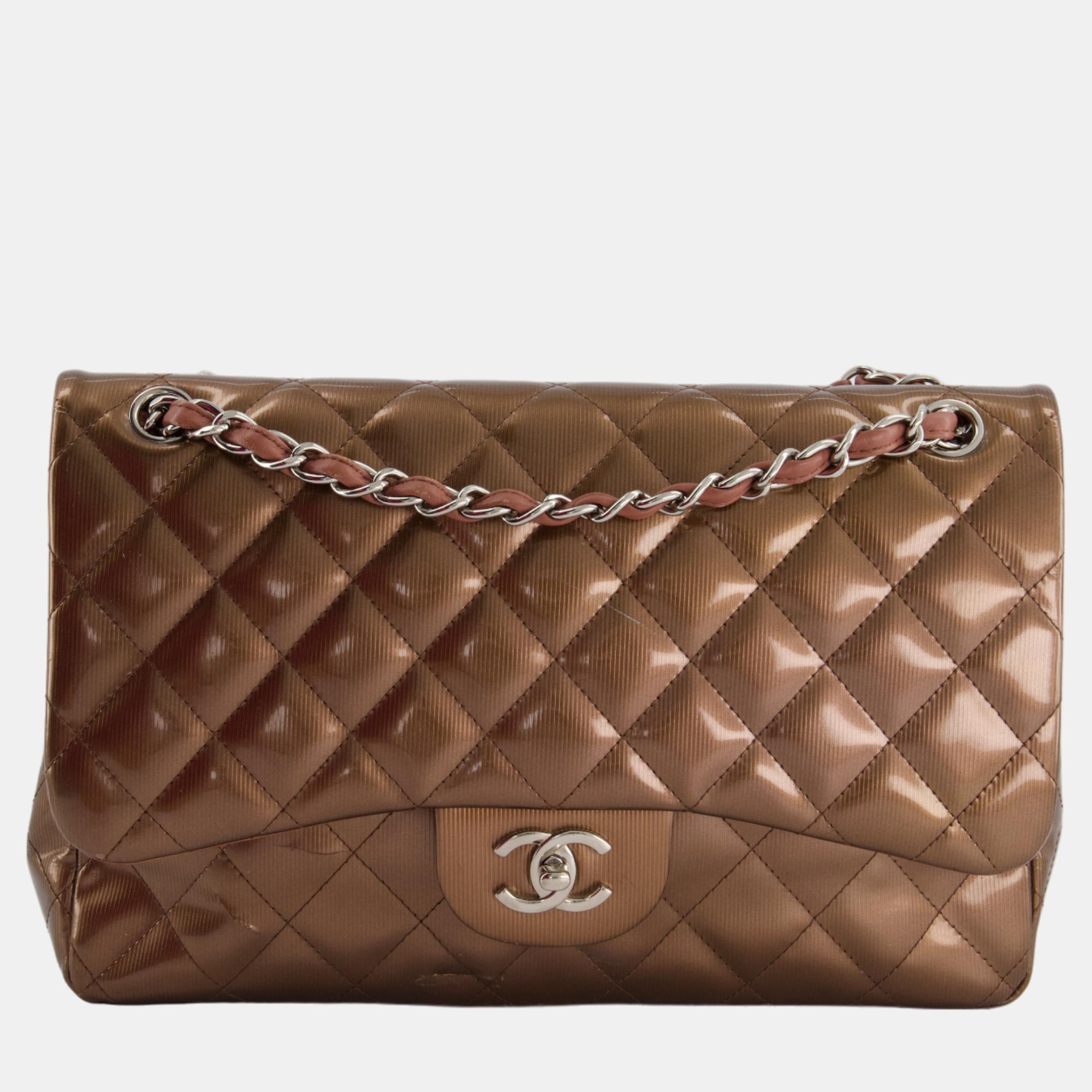 Chanel Bronze Patent Classic Jumbo Double Flap Bag With Silver Hardware