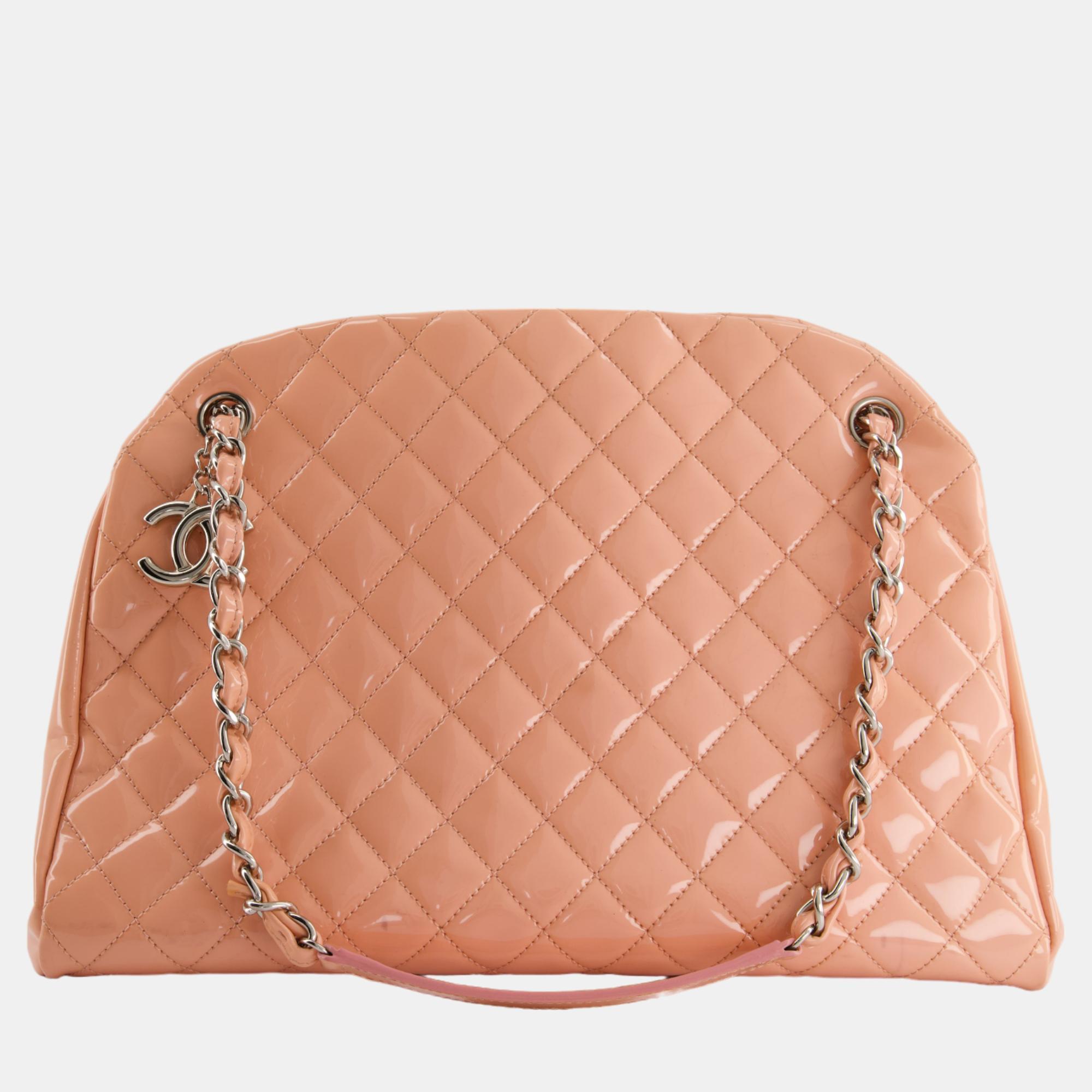Chanel pink patent mademoiselle shoulder bag with silver hardware