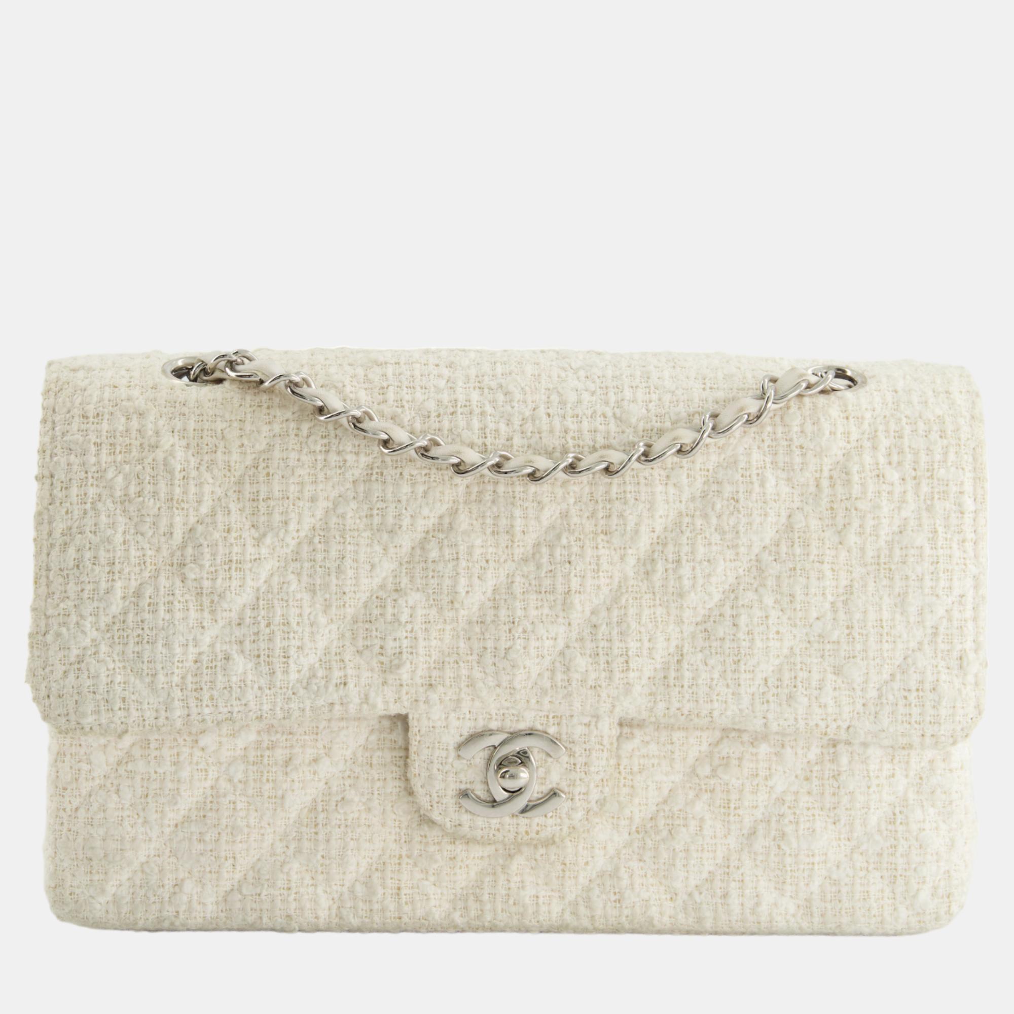 Chanel vintage white tweed classic double flap bag with silver hardware