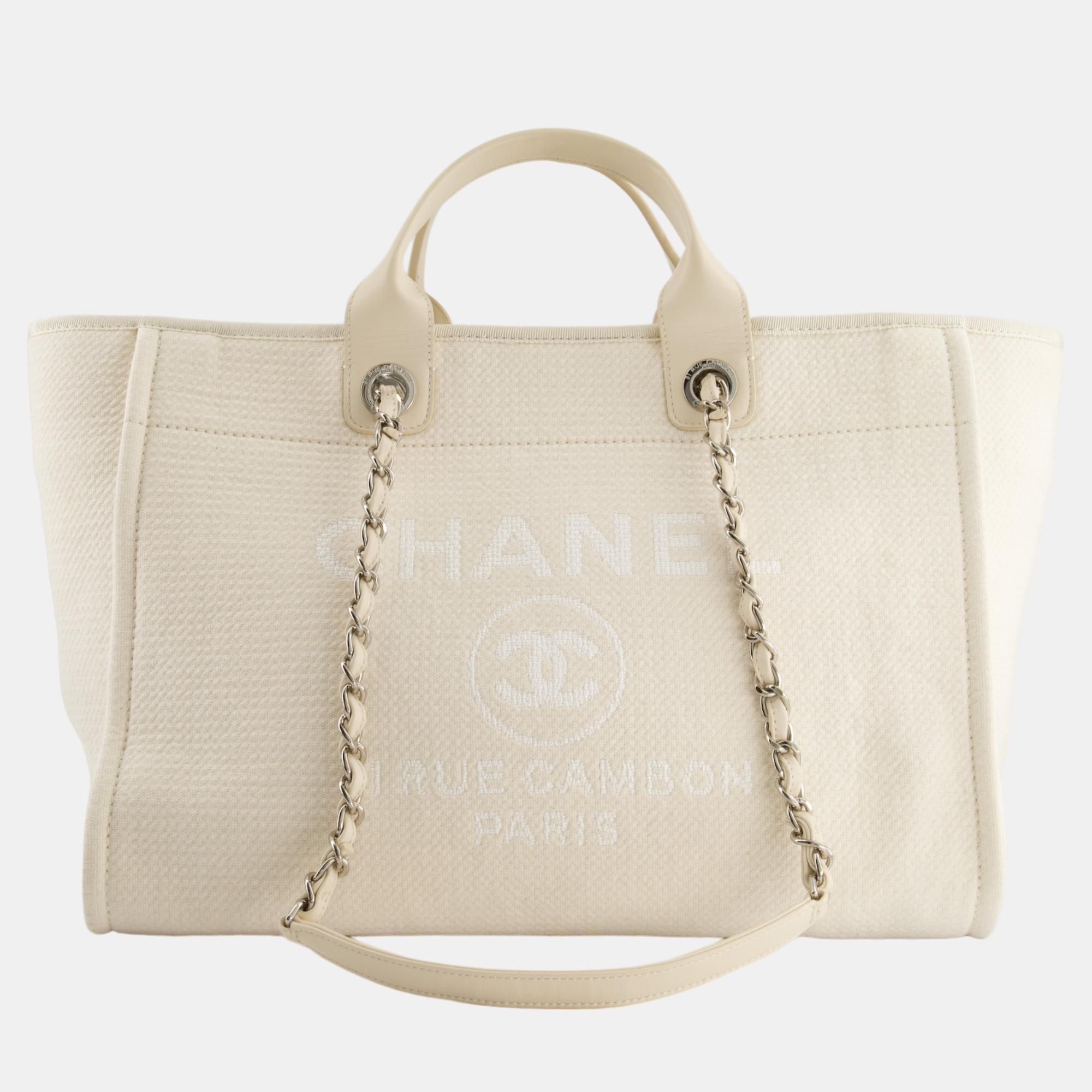 Chanel Large Cream Canvas Deauville Tote Bag With Silver Hardware