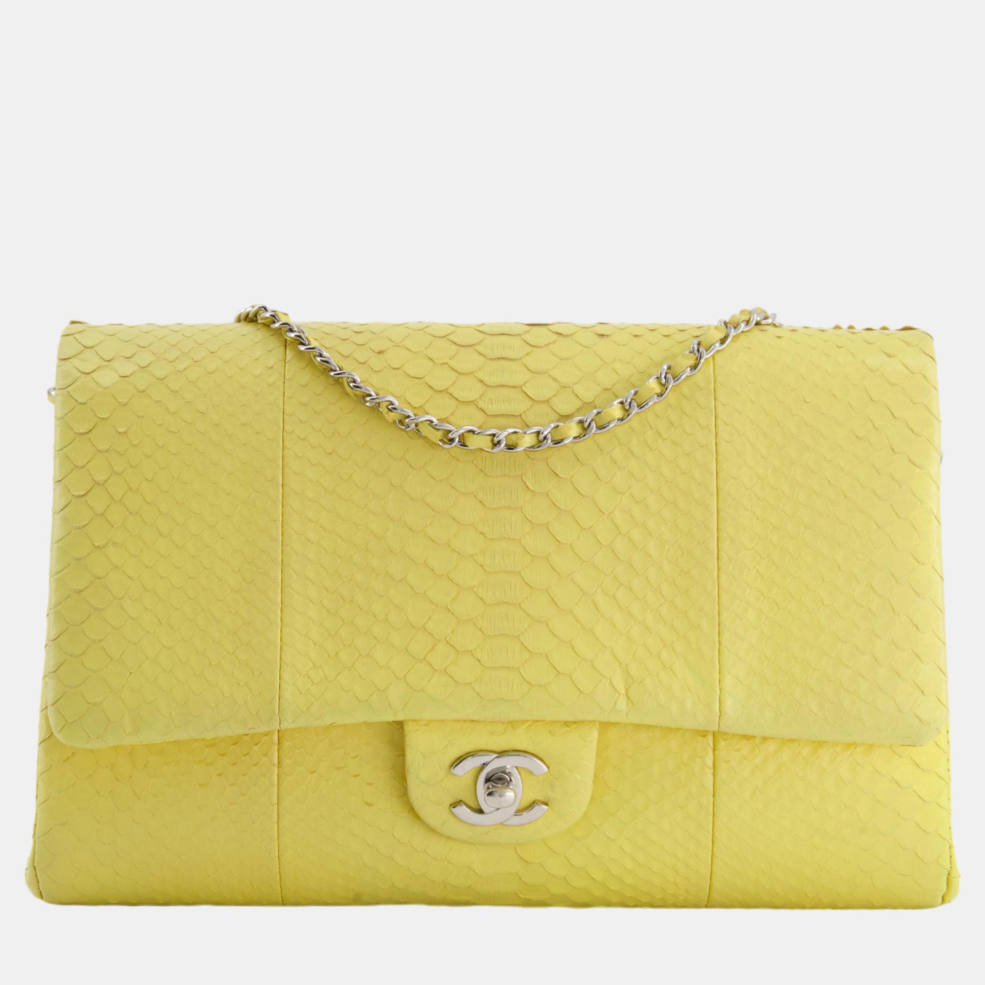 Chanel Light Yellow Timeless Clutch On Chain In Python With Silver Hardware