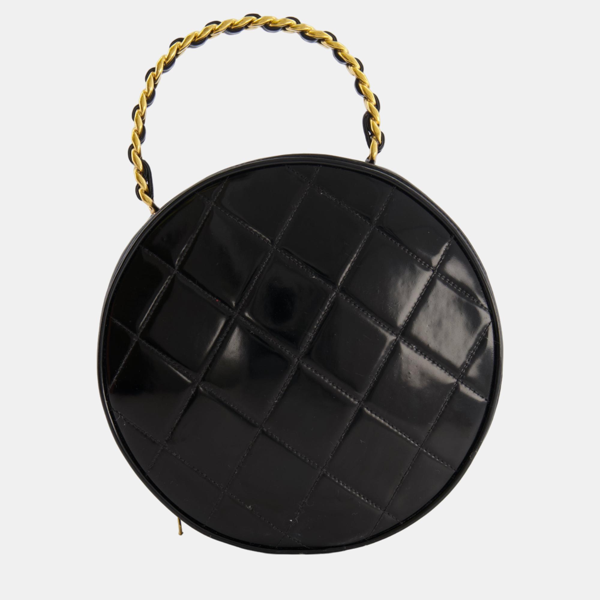 Chanel Spring 1995 Runway CC Black And White Round Top Handle Bag With Brushed Gold Hardware
