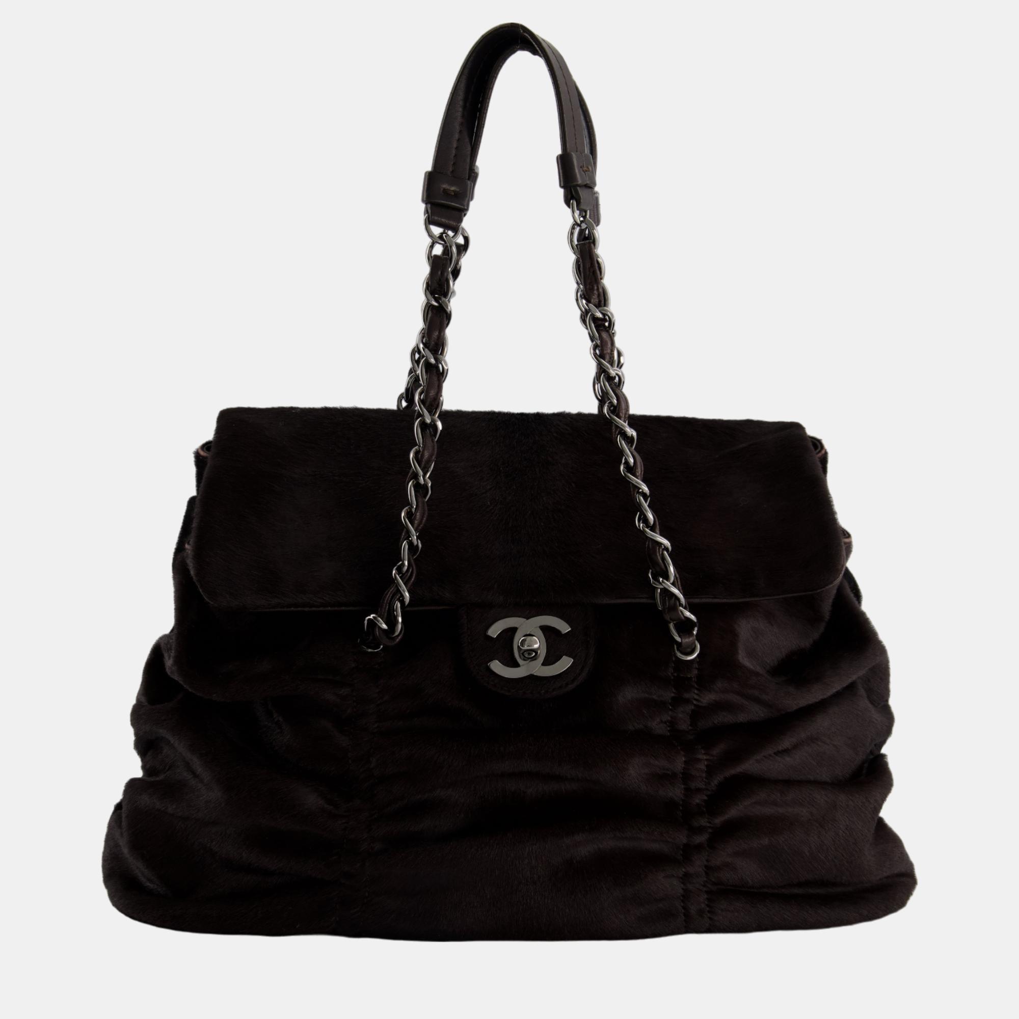 Chanel dark brown pony hair ruched bag with silver hardware