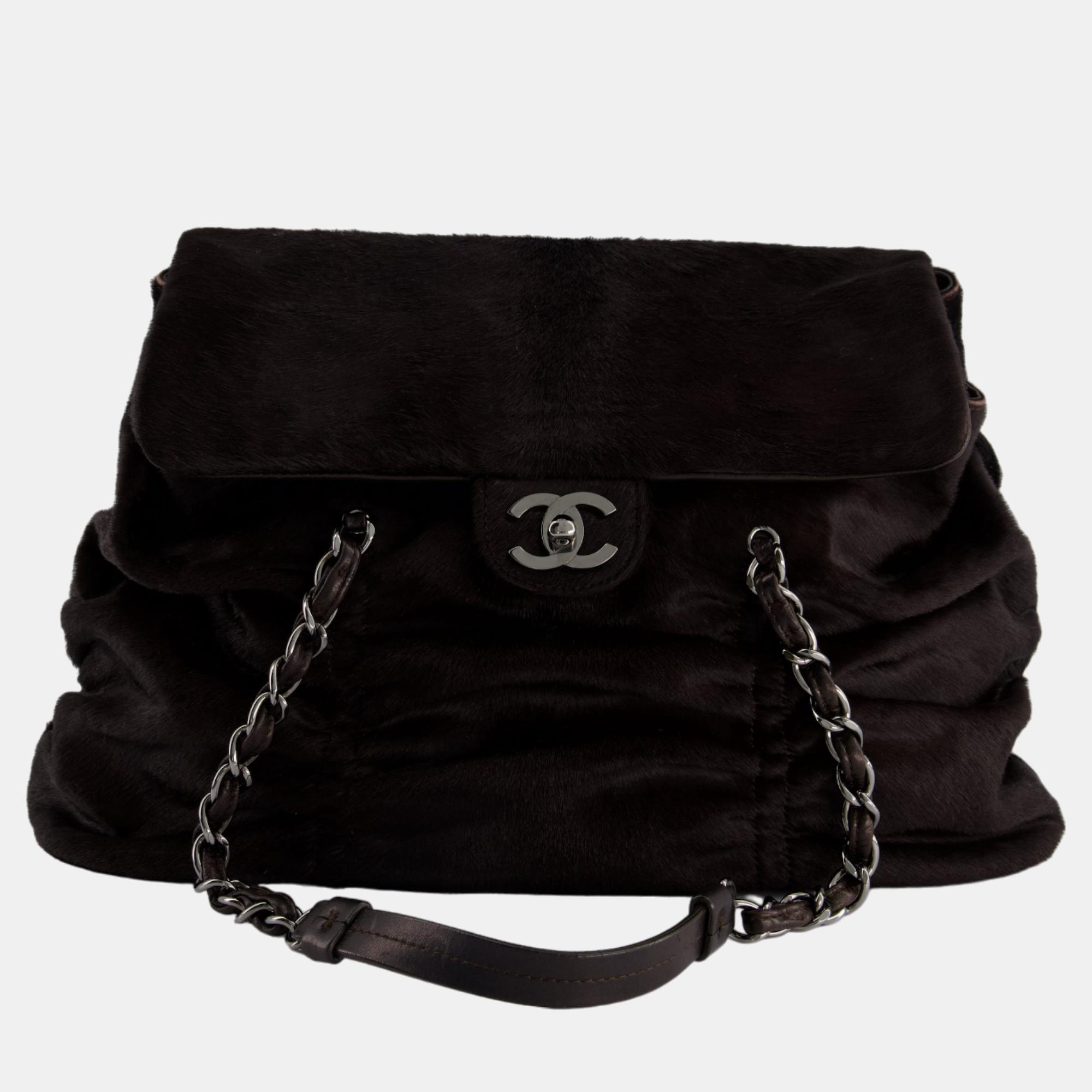 Chanel Dark Brown Pony Hair Ruched Bag With Silver Hardware