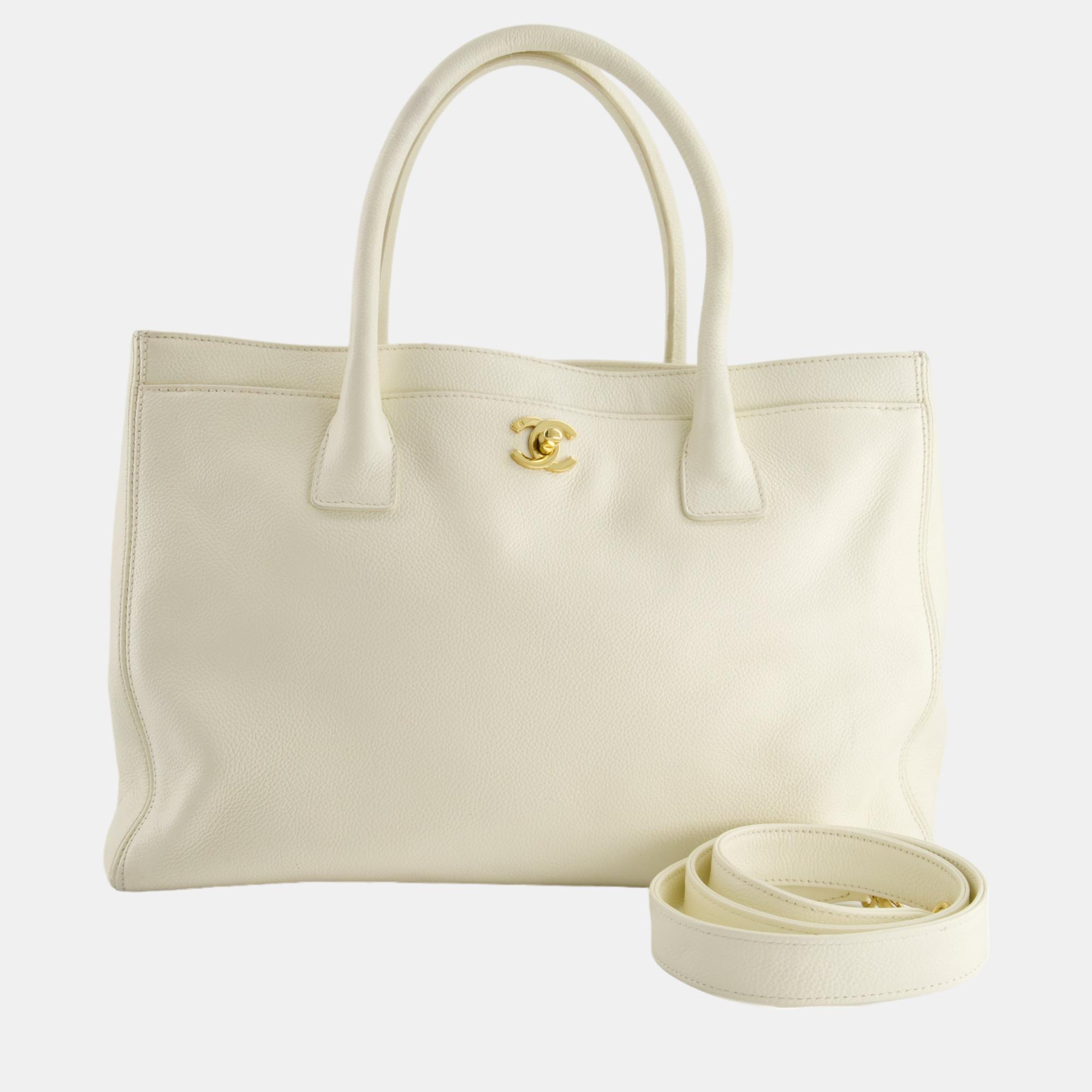 Chanel White Executive Shopper Tote Bag With Gold Hardware