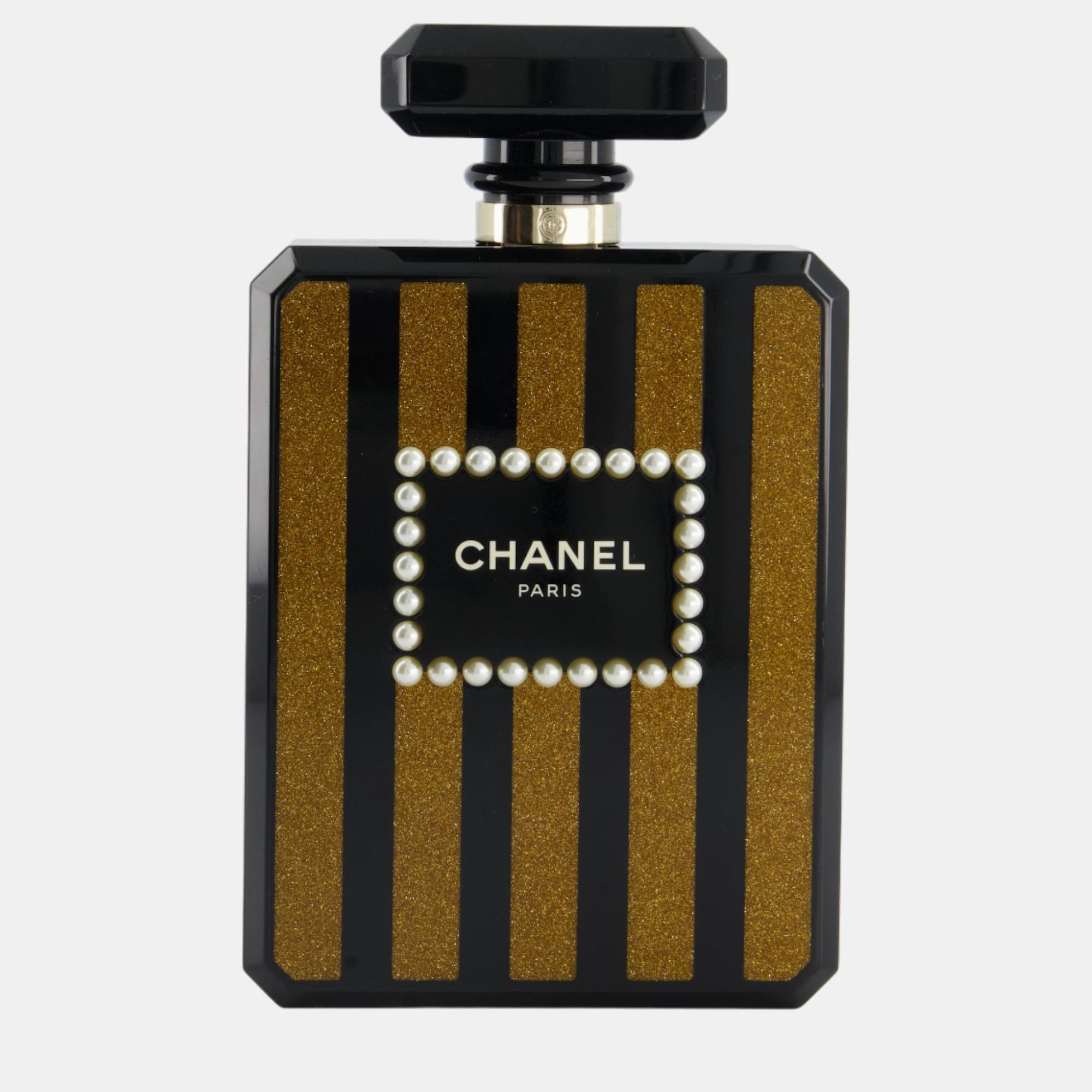 Chanel black and glittered gold glittered plexiglass perfume bottle with pearl detail