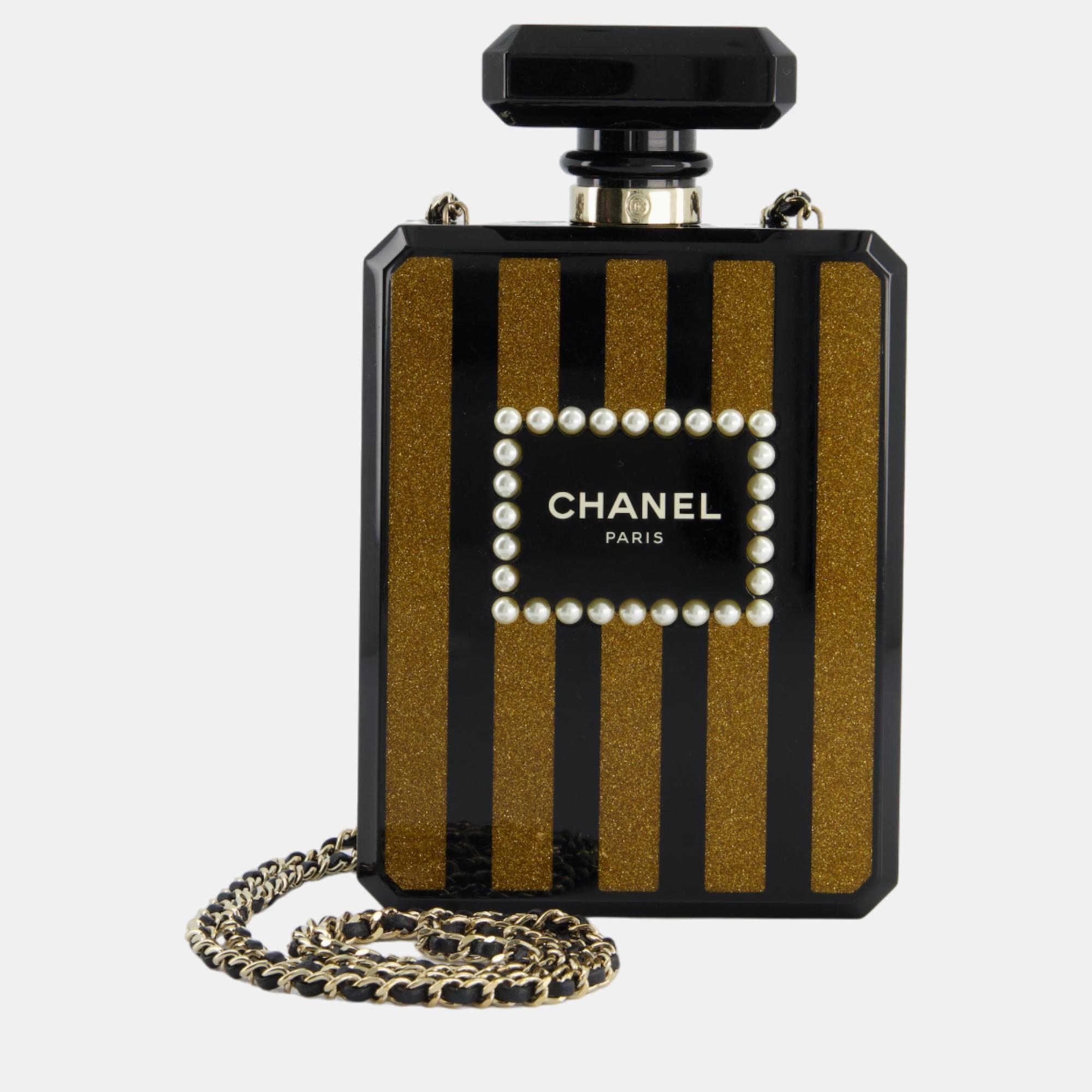 Chanel Black And Glittered Gold Glittered Plexiglass Perfume Bottle With Pearl Detail