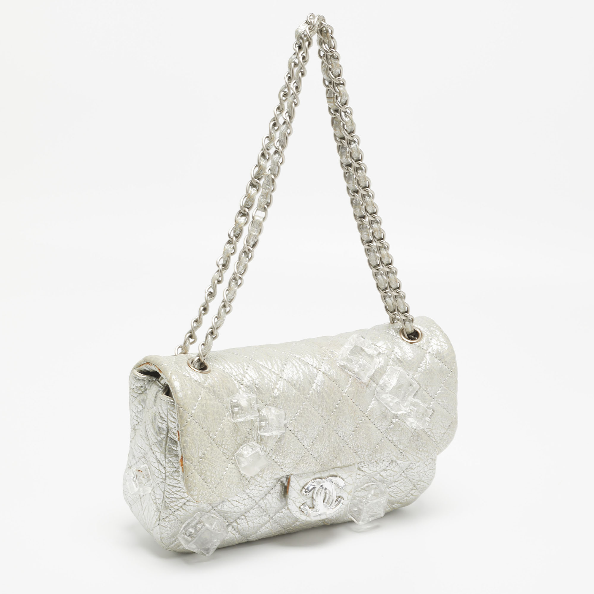 Chanel Silver Quilted Leather Medium Classic Flap Shoulder Bag