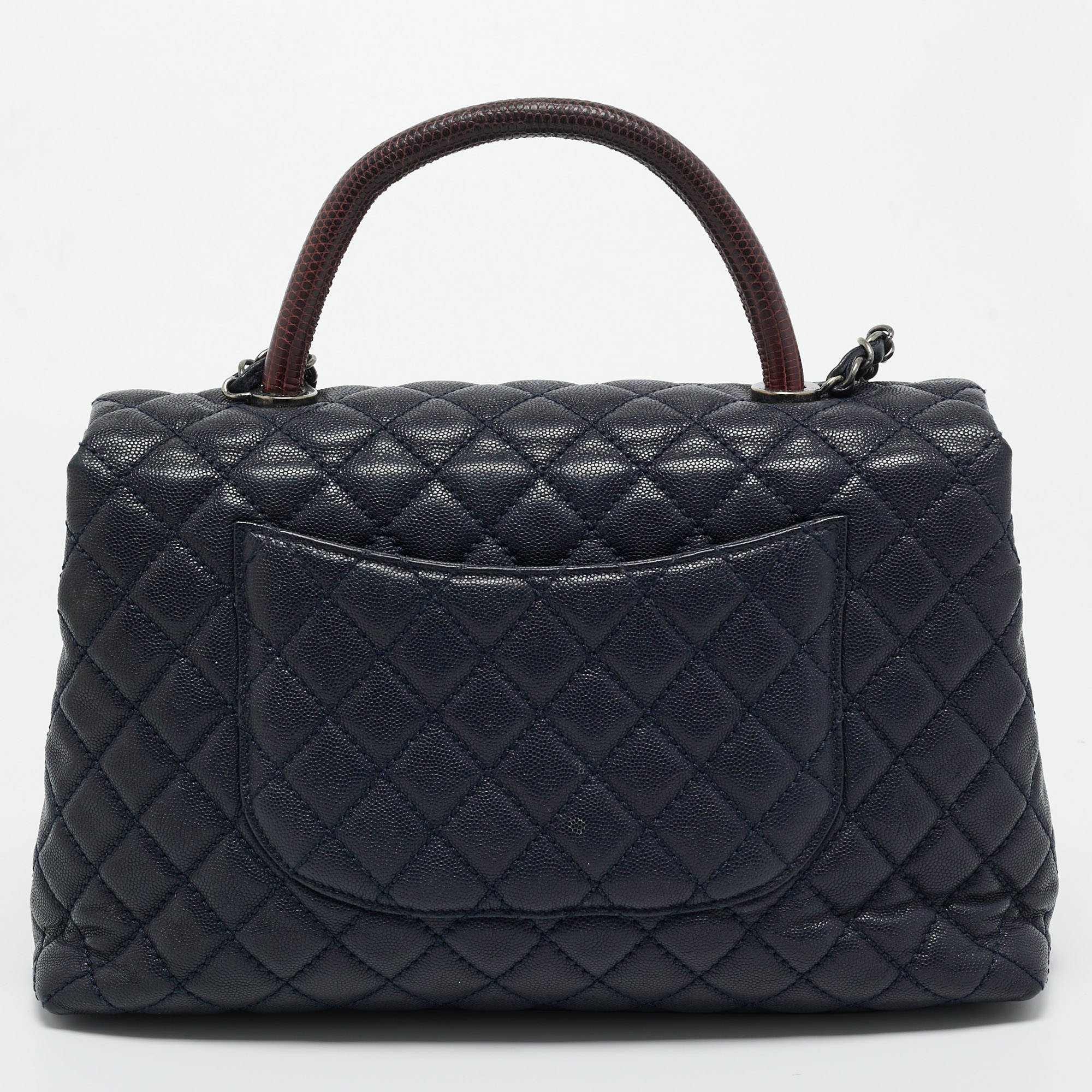 Chanel Dark Blue/Burgundy Quilted Caviar Leather And Lizard Large Coco Top Handle Bag