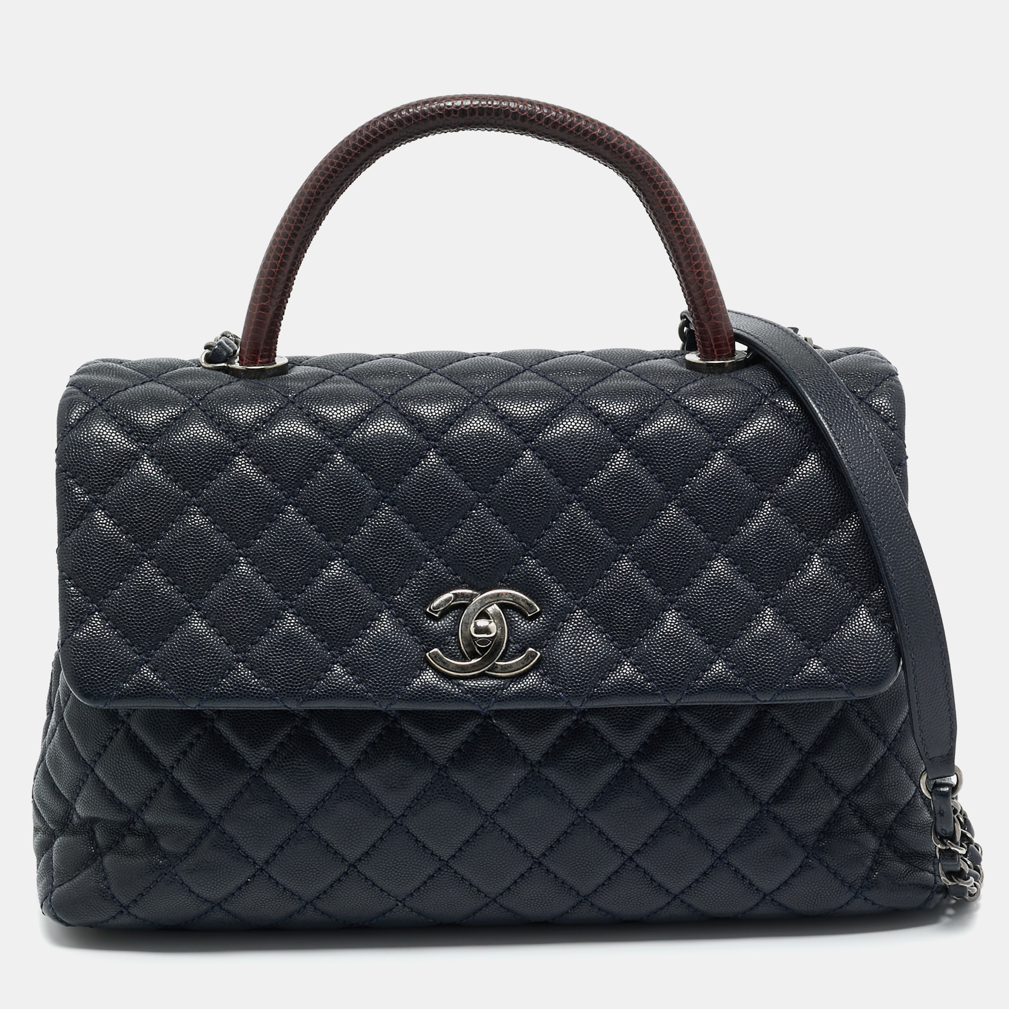 Chanel dark blue/burgundy quilted caviar leather and lizard large coco top handle bag