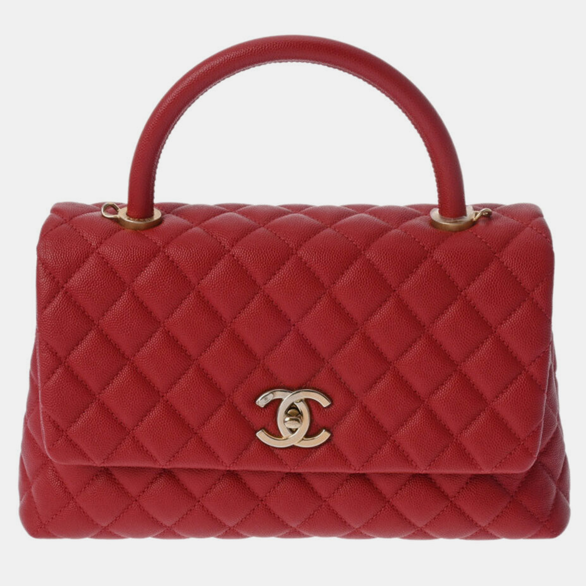 Chanel red caviar leather coco top handle bag