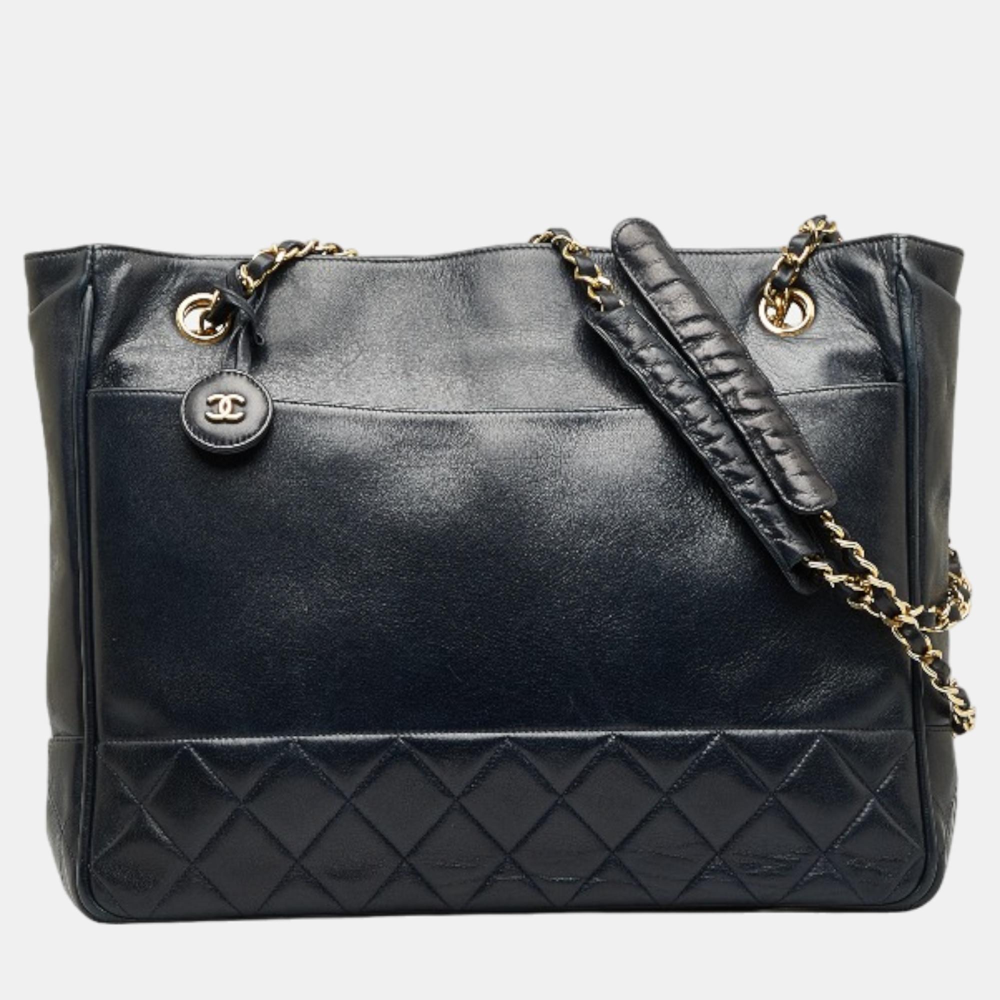 Chanel Black Leather Quilted CC Tote Bag