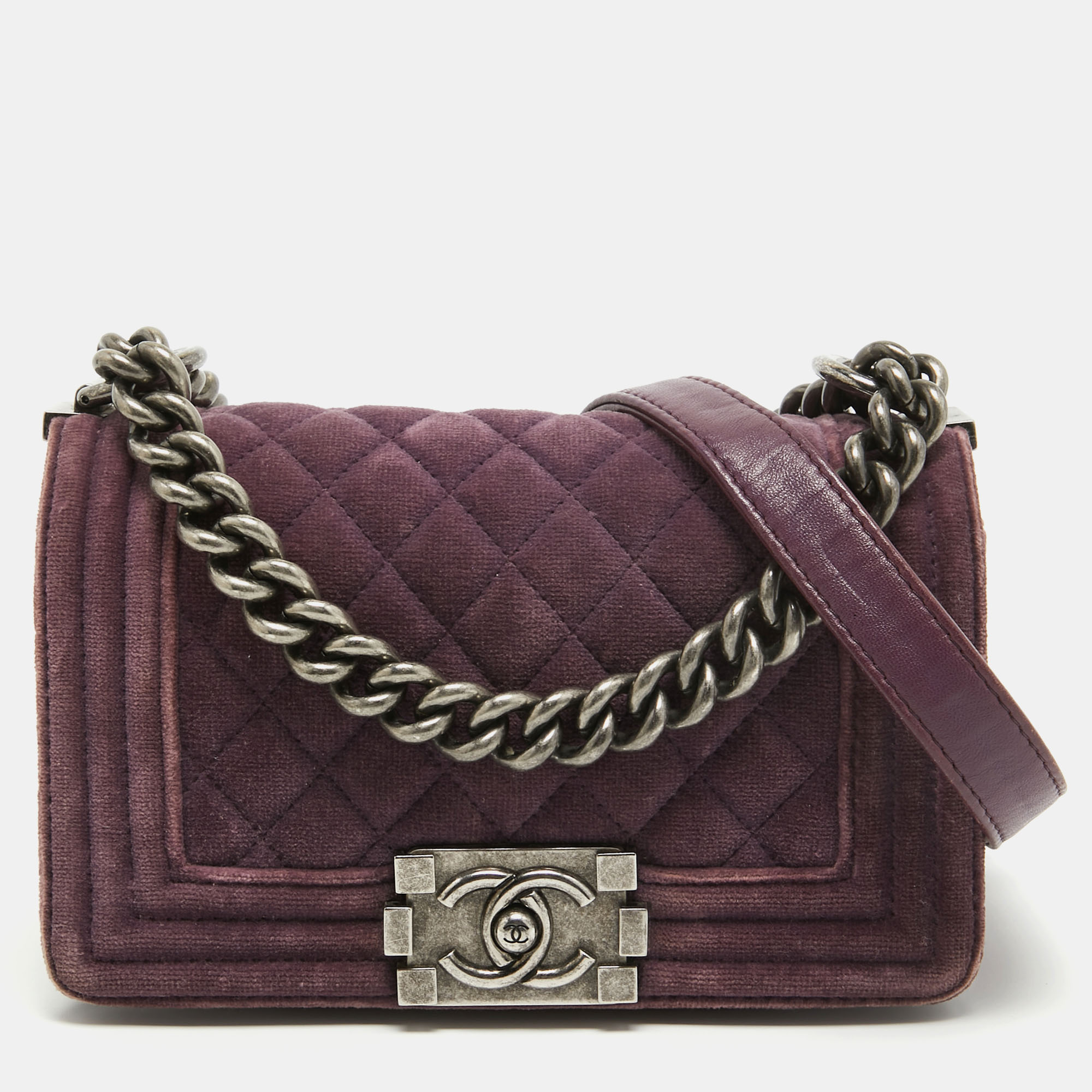 Chanel purple velvet small boy bag