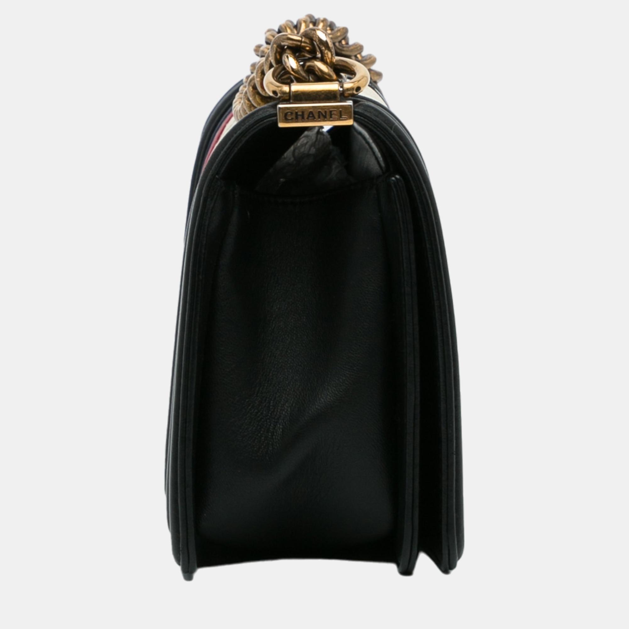 Chanel Black/White Crest-Embellished Medium Boy Bag